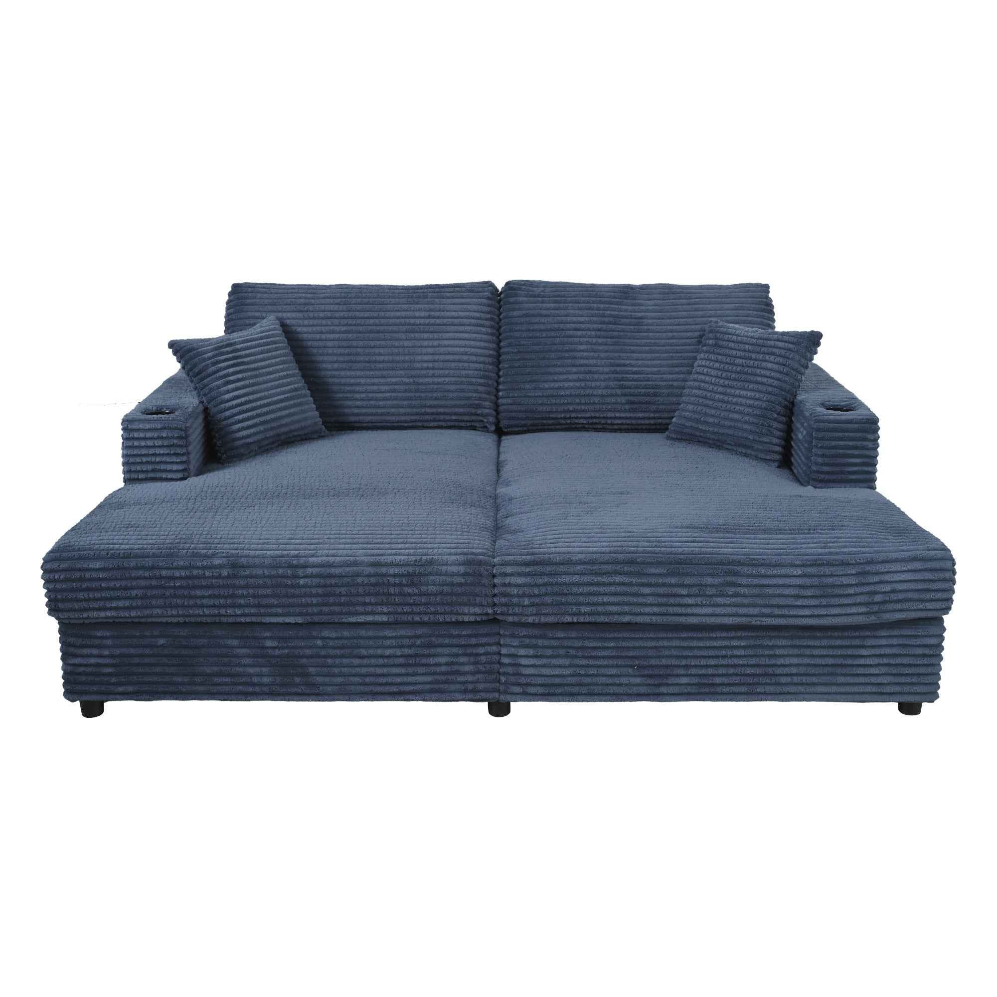 Oversized Loveseat Chaise Lounge Sectional Sofa Bed with USB Ports, Cup Holders, and Throw Pillows, Blue Corduroy