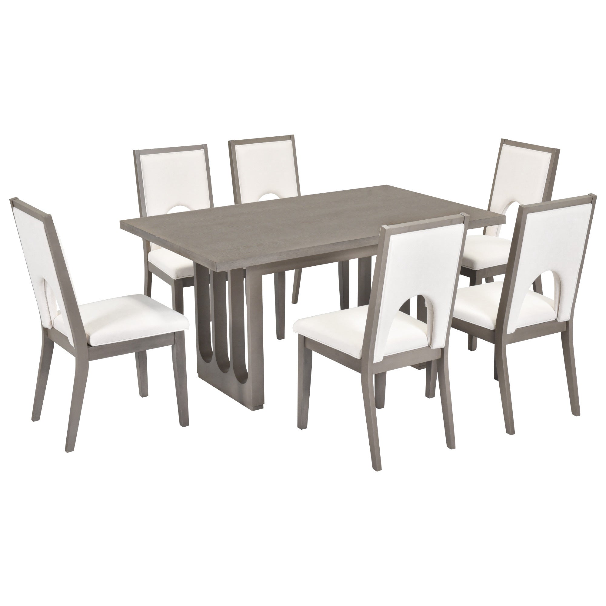 TREXM Wood Dining Table Set for 6, Farmhouse Rectangular Dining Table and 6 Upholstered Chairs Ideal for Dining Room, Kitchen (Grey+Beige)