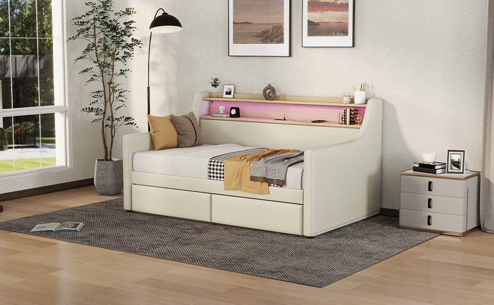 Twin Size Daybed with Storage Drawers, Upholstered Daybed with Charging Station and LED Lights, Beige (Old Item W1580S00022)