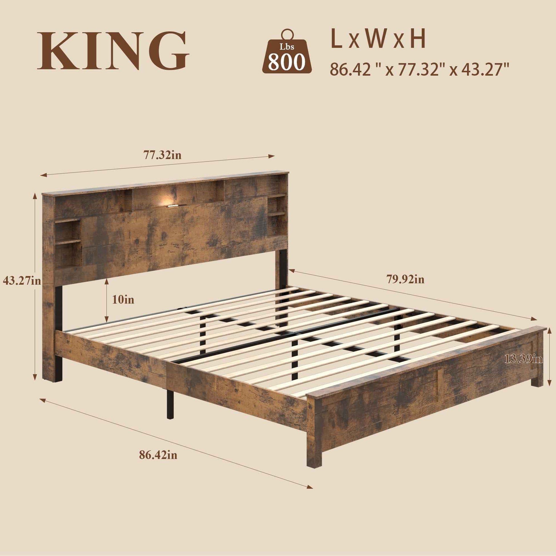 King Size Bed Frame with Storage Headboard, Wood Platform Bed Frame with Charging Station, LED Lights & Bookcase, No Box Spring Needed, Dark Brown