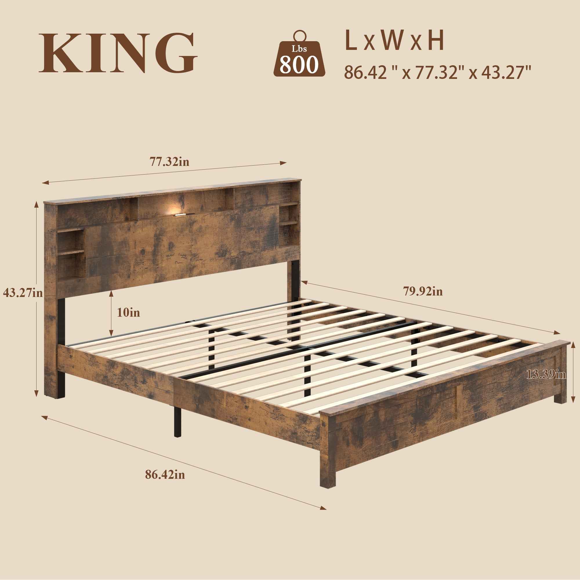 King Size Bed Frame with Storage Headboard, Wood Platform Bed Frame with Charging Station, LED Lights & Bookcase, No Box Spring Needed, Dark Brown