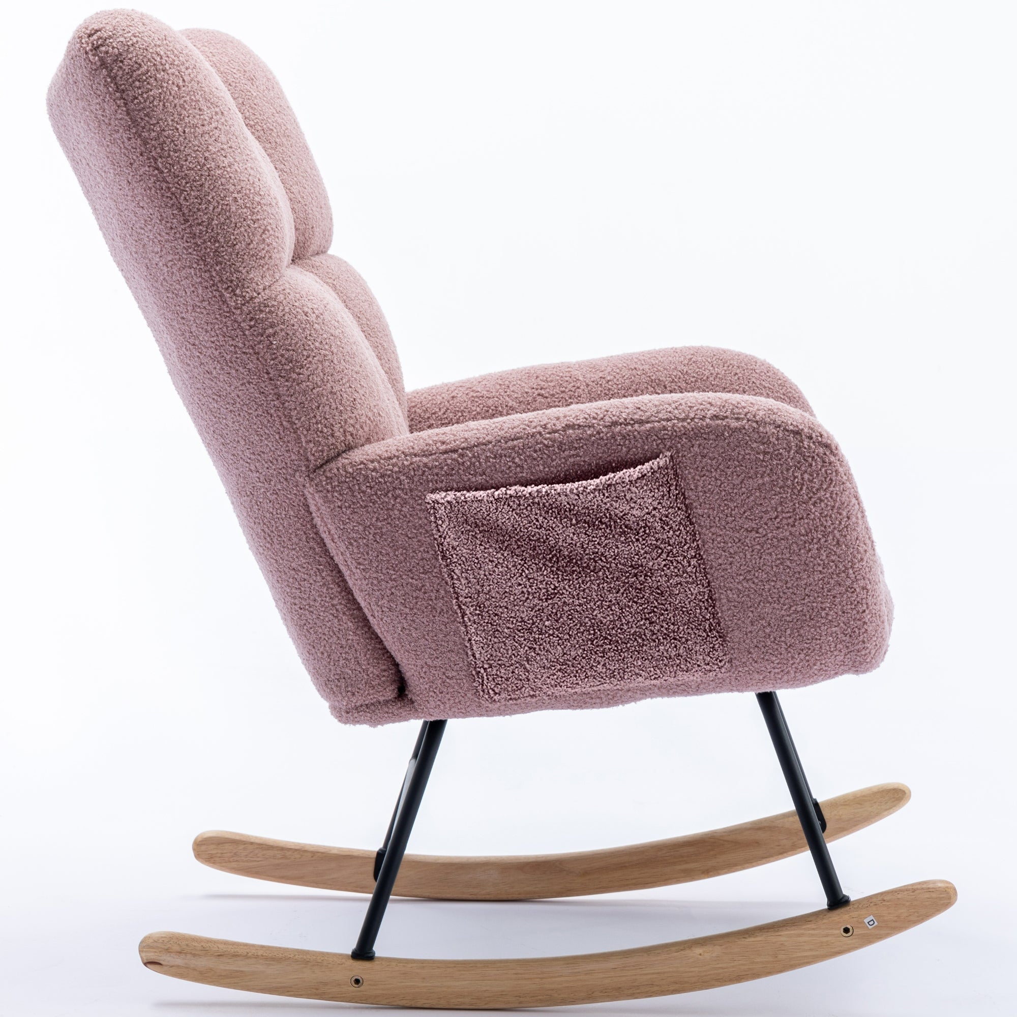 Rocking Chair with Pocket, Soft Teddy Fabric Rocking Chair for Nursery, Comfy Wingback Glider Rocker with Safe Solid Wood Base for Living Room Bedroom Balcony (pink)