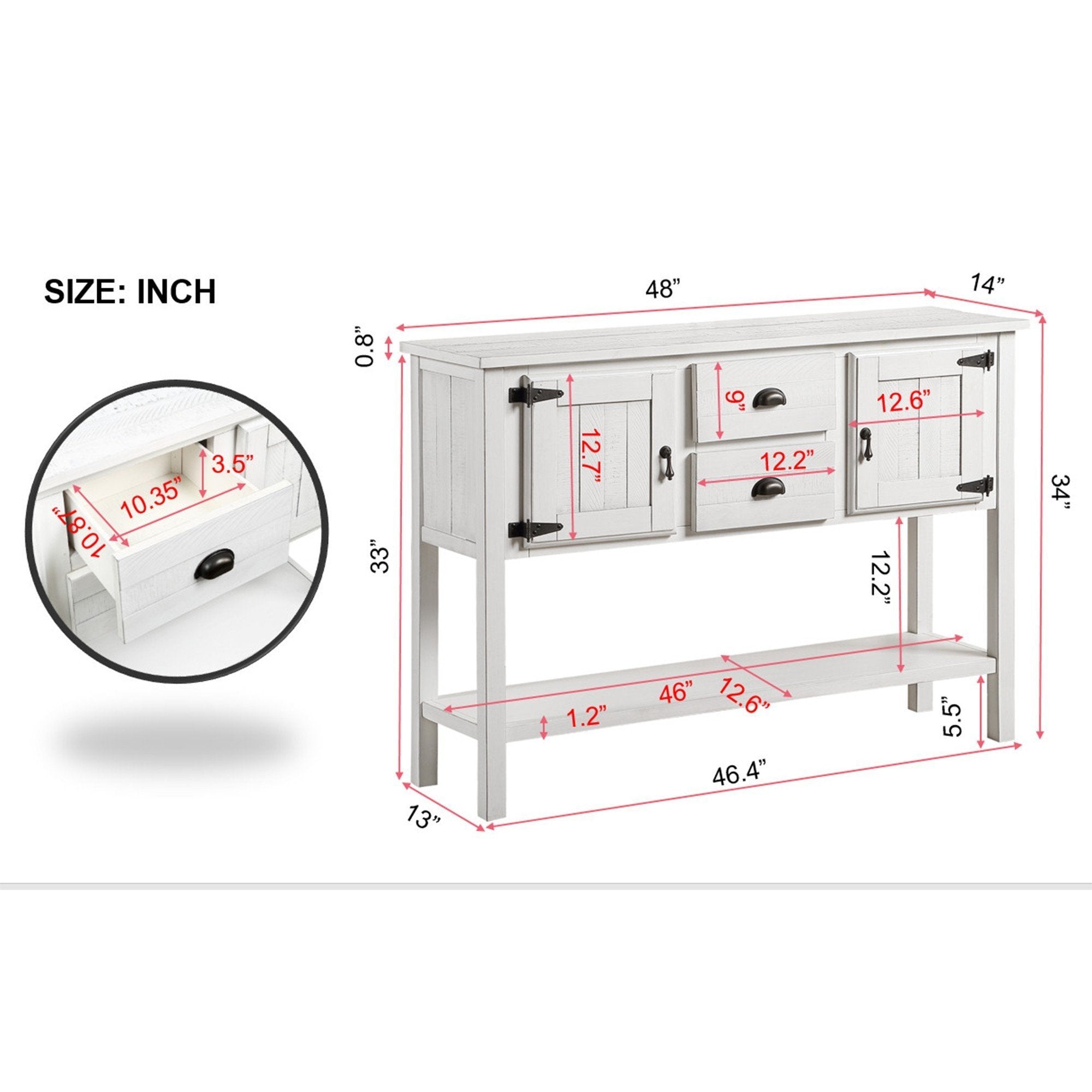 48'' Solid Wood Sideboard Console Table with 2 Drawers and Cabinets and Bottom Shelf, Retro Style Storage Dining Buffet Server Cabinet for Living Room Kitchen Dining Room (Antique White