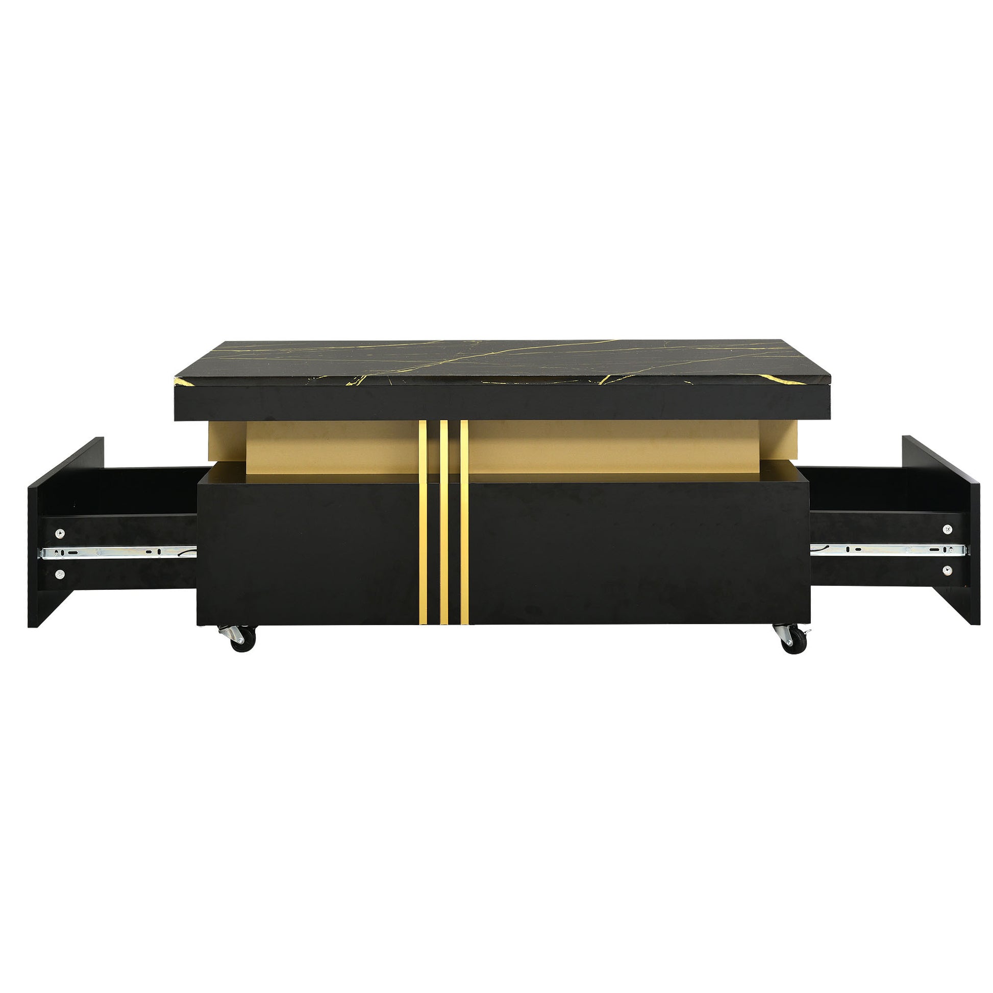 [VIDEO provided] ON-TREND Contemporary Coffee Table with Faux Marble Top, Rectangle Cocktail Table with Caster Wheels, Moderate Luxury Center Table with Gold Metal Bars for Living Room, Black - Abrihome