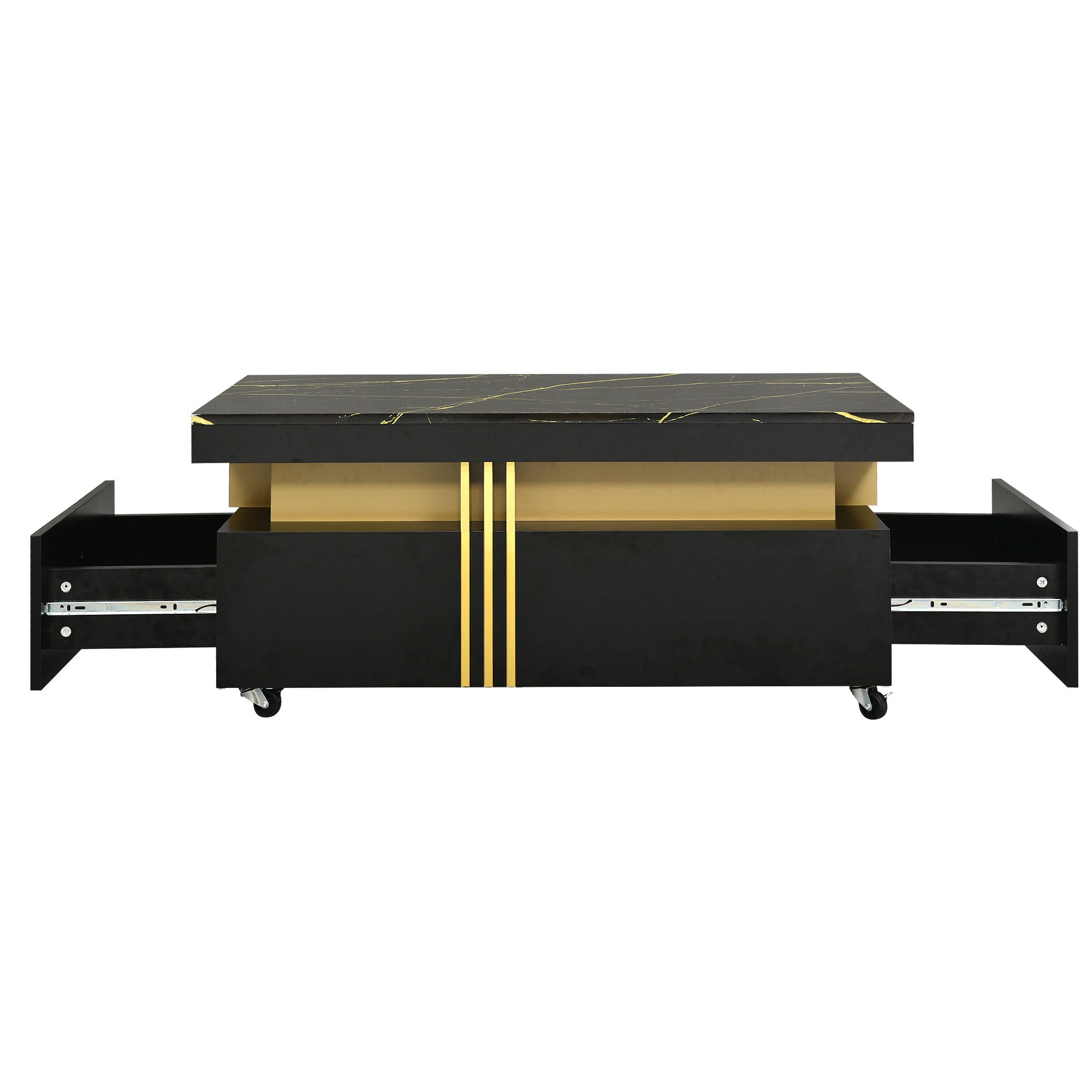 [VIDEO provided] ON-TREND Contemporary Coffee Table with Faux Marble Top, Rectangle Cocktail Table with Caster Wheels, Moderate Luxury Center Table with Gold Metal Bars for Living Room, Black - Abrihome