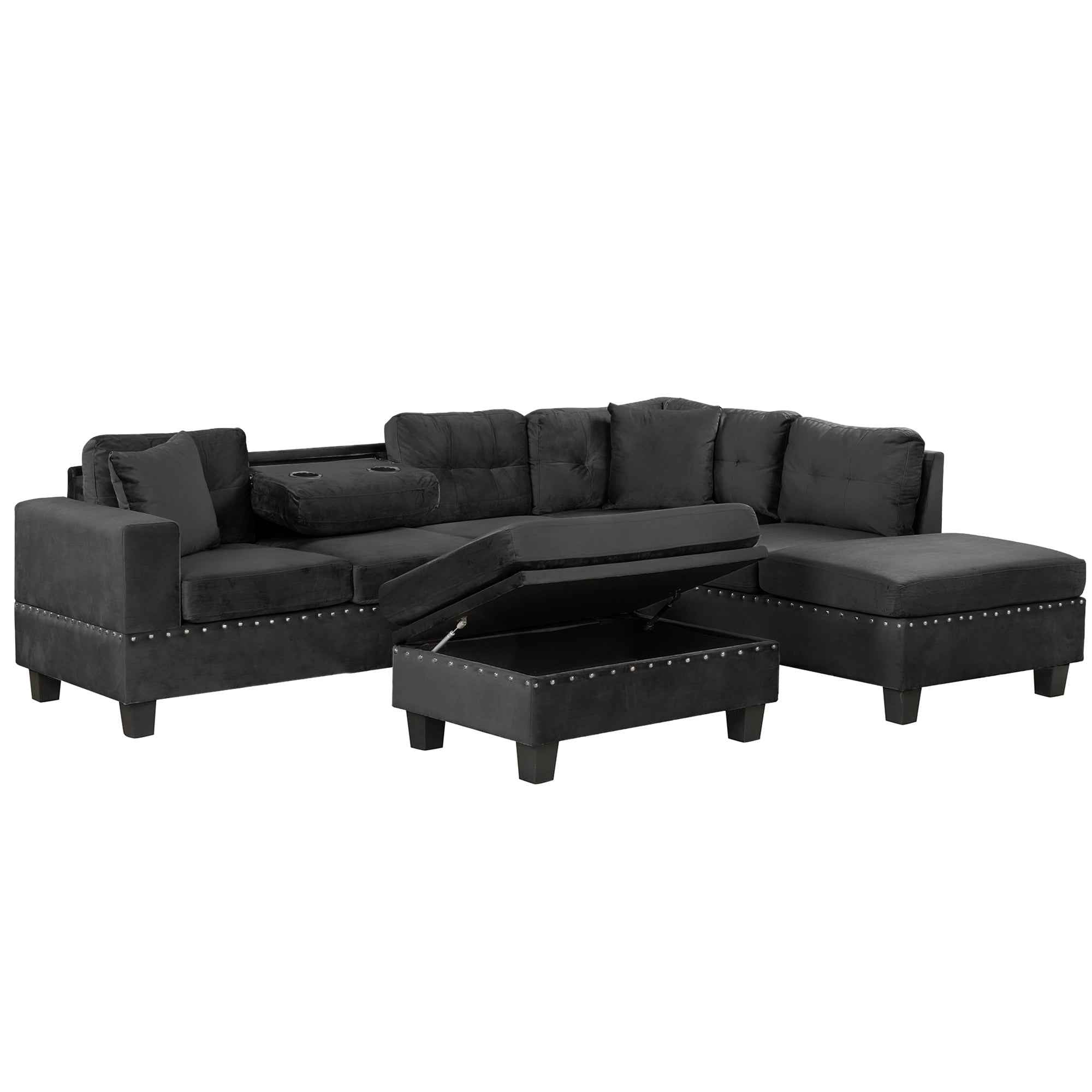 Modern Sectional Sofa with Storage Ottoman, L-Shape Couch with 2 Pillows and Cup Holders, Black Velvet, 105'