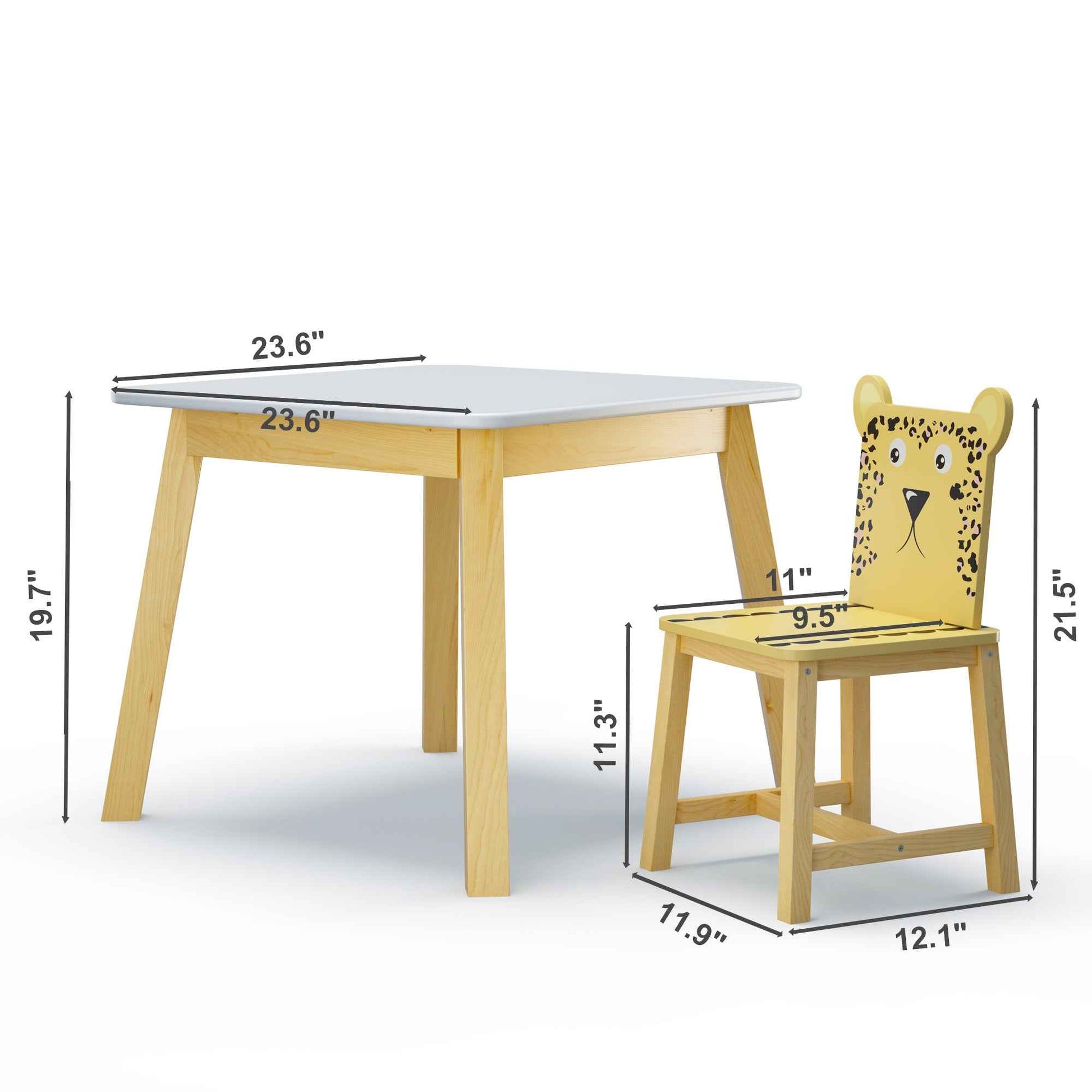 Kids Wood Table and Chair Set with Cartoon Animals Design, White Solid Wood & MDF Furniture for Ages 3-8, 5-Piece Table and Chair Set