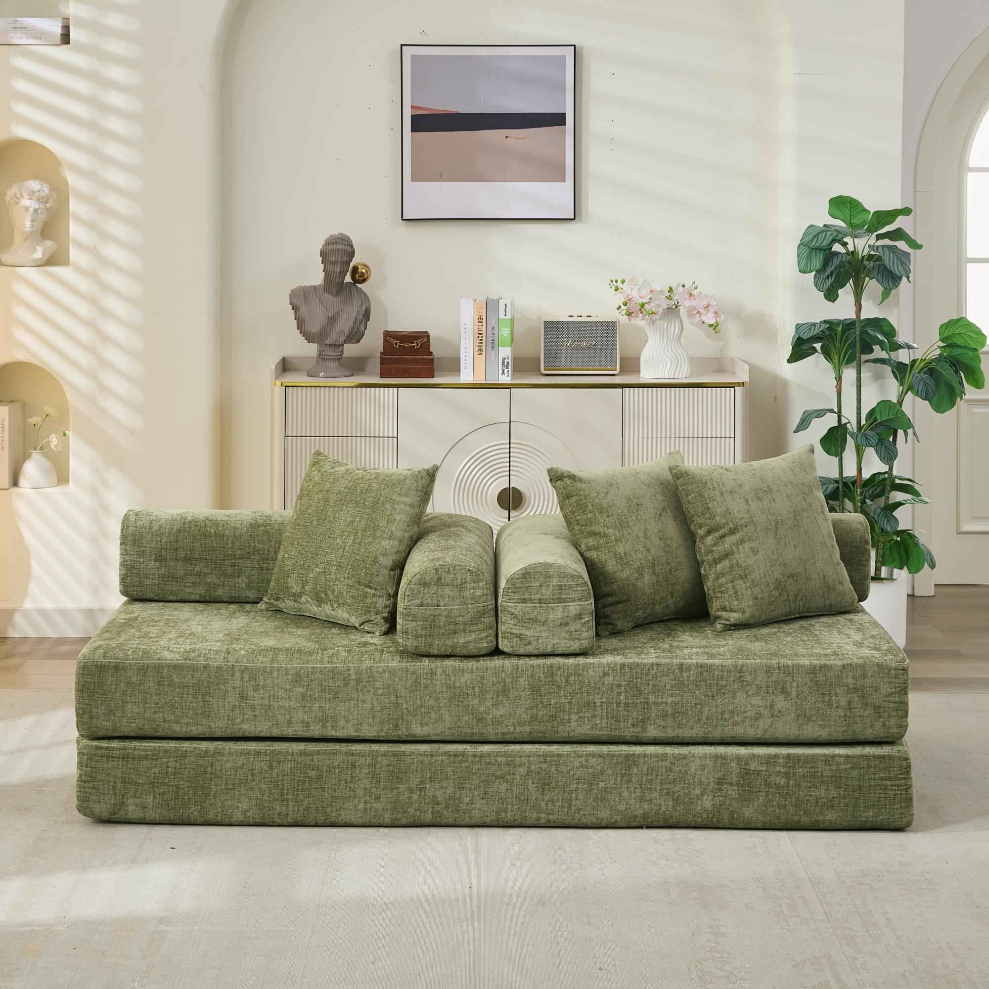 Comfy Convertible Folding Mattress Couch, Floor Sofa Bed, Chenille Floor Sofa with Armrest, Floor Sofa Lounge Couch for Living Room Bedroom Lounge Studio-Green