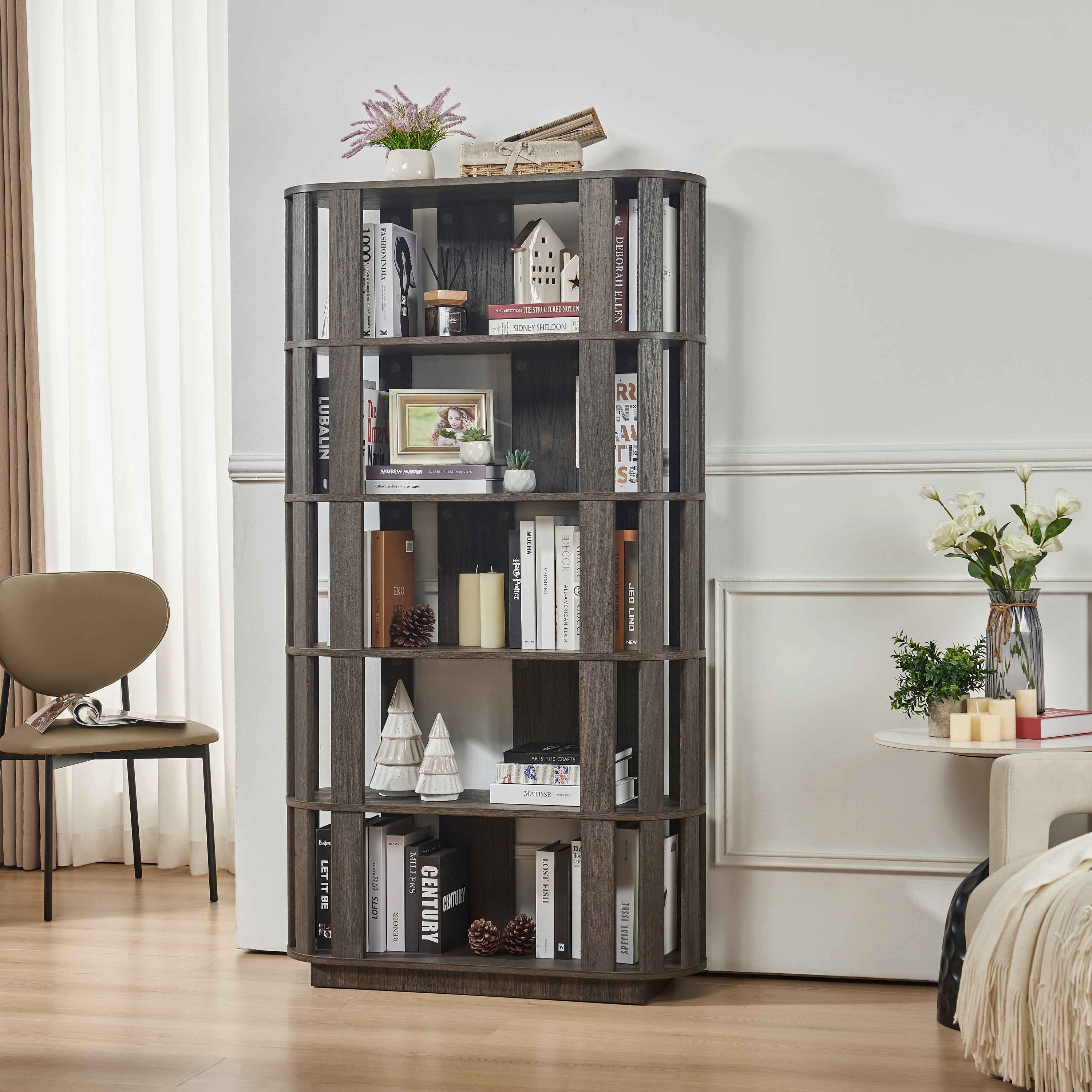 Wooden Oval Open Bookshelf, MDF Grid Frame Freestanding Bookcase, 5-Tier Easy Assembly Storage Display Rack for Living Room Home Office Decor, DIY Free Combination Storage Cabinet Study Room