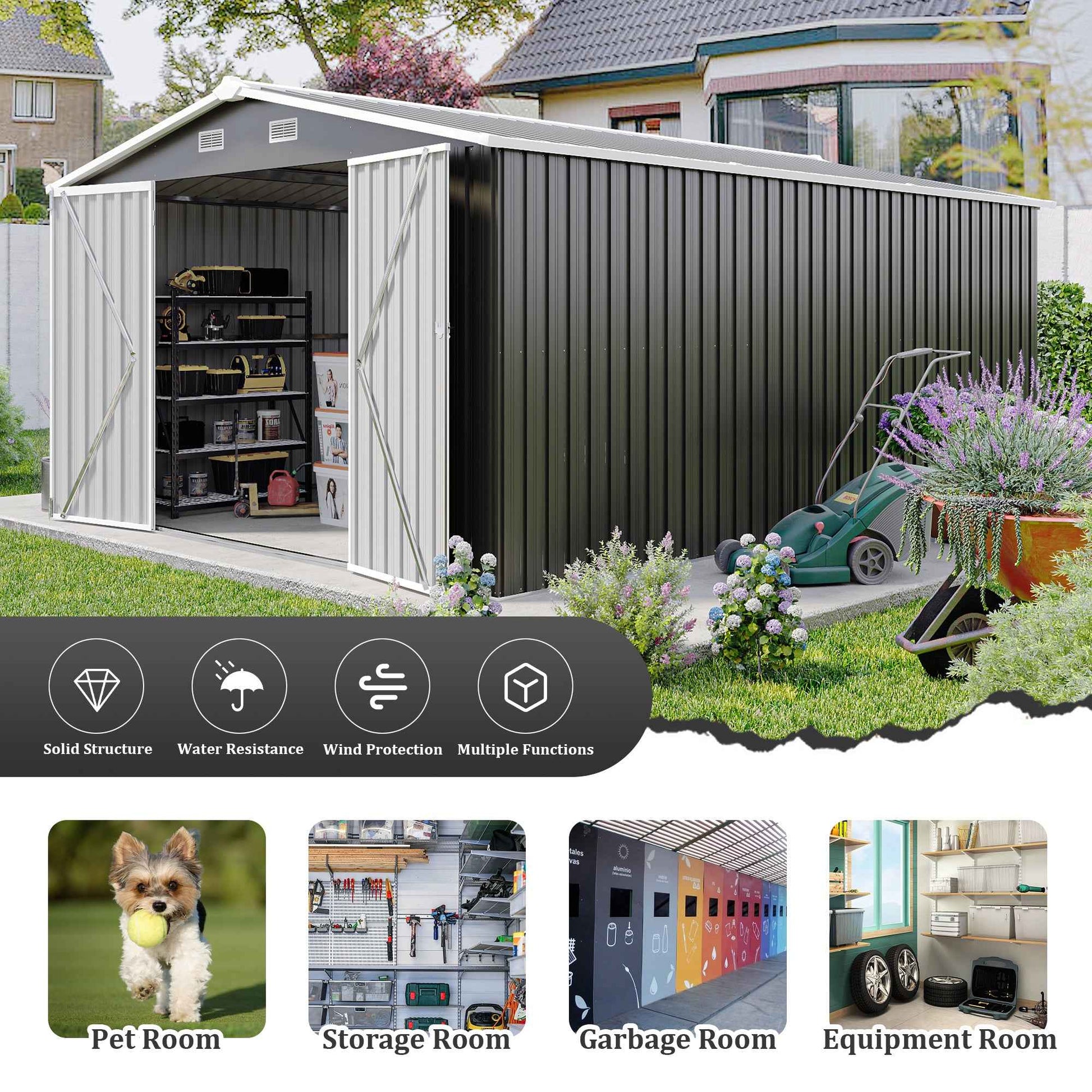 Campcraft  Outdoor Storage Shed 10×14 FT with 3 Lockable Doors,4 Air Vents & Sloped Roof,Utility Tool Shed Metal Storage Garden Sheds  Frame and 4 Vents,for Backyard,Patio,Lawn,dark Grey