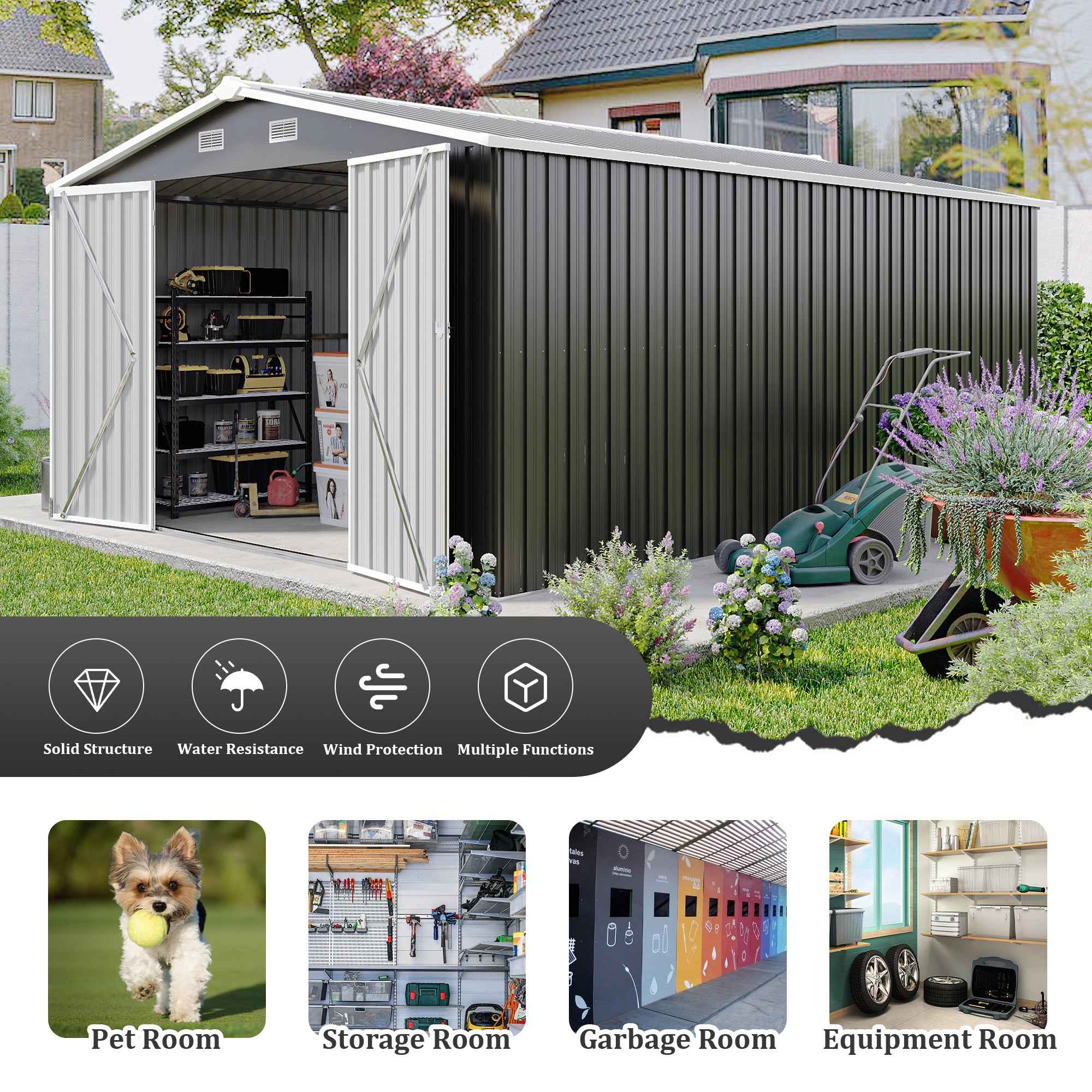 Campcraft  Outdoor Storage Shed 10×14 FT with 3 Lockable Doors,4 Air Vents & Sloped Roof,Utility Tool Shed Metal Storage Garden Sheds  Frame and 4 Vents,for Backyard,Patio,Lawn,dark Grey