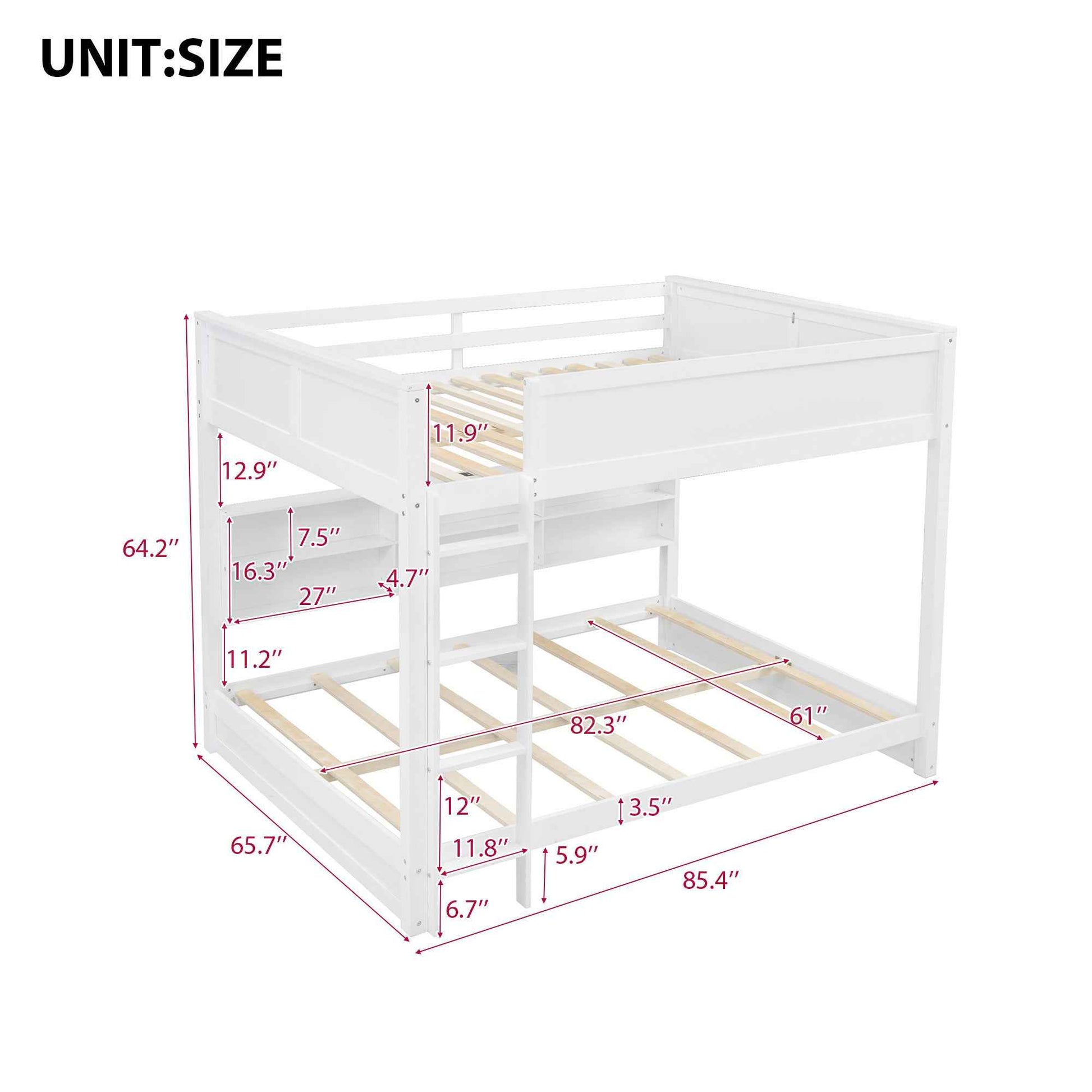 White Queen over Queen Bunk Bed with Storage Cabinets and USB Ports, Pine Wood+MDF
