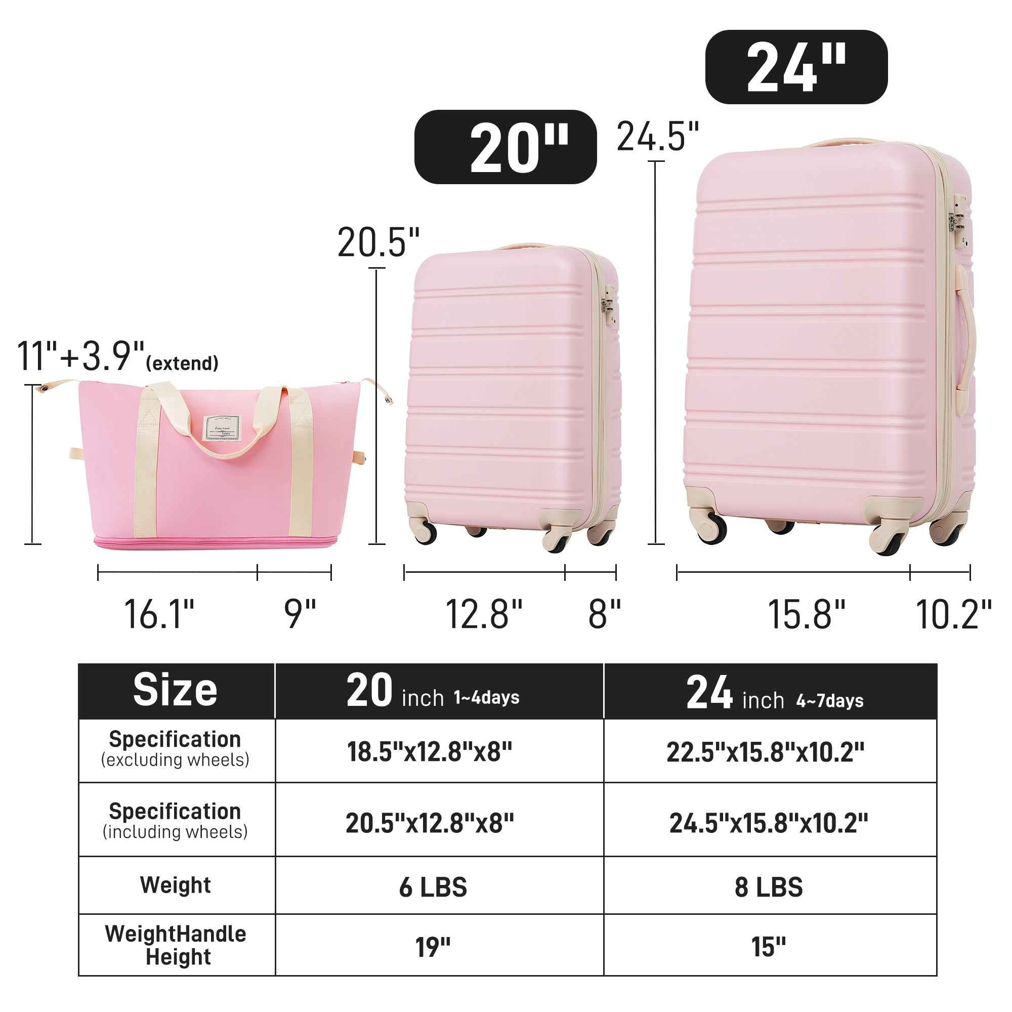 Hardshell Luggage Sets 2Pcs + Bag Spinner Suitcase with TSA Lock Lightweight 20' + 24'