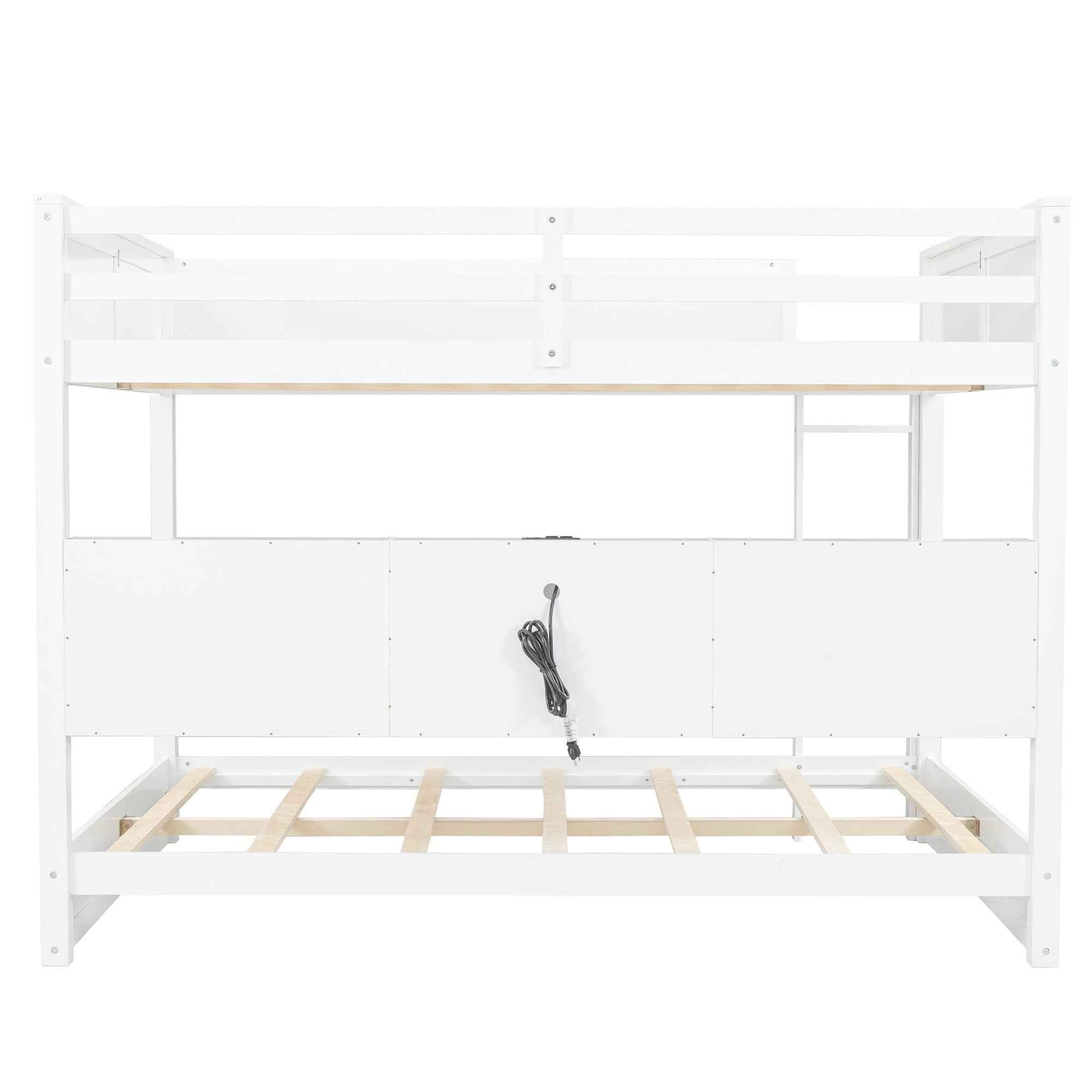 White Queen over Queen Bunk Bed with Storage Cabinets and USB Ports, Pine Wood+MDF