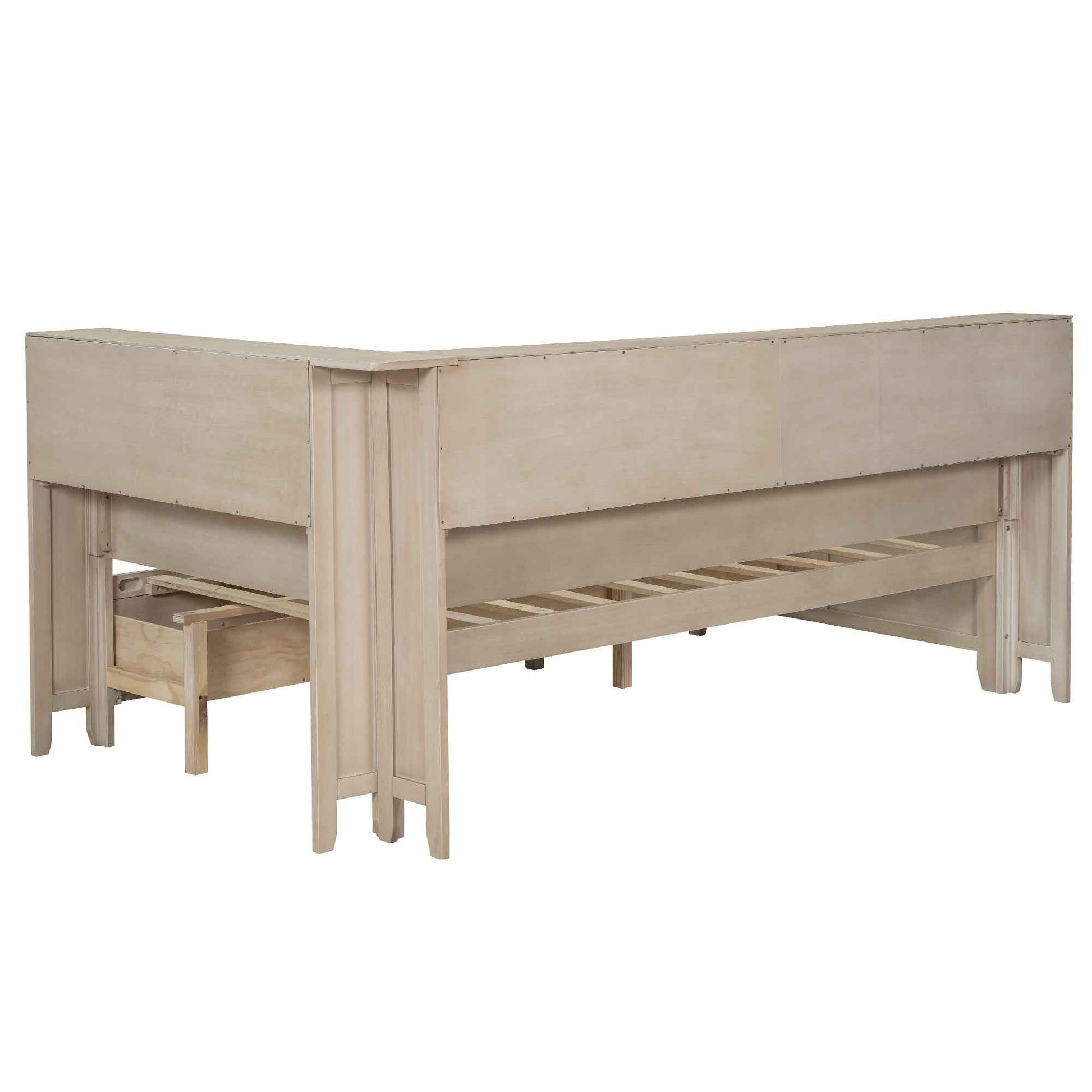 Twin Size Wood Daybed with Storage Shelves and 3 Drawers in Antique White Milk Finish, Solid Pine Wood and MDF