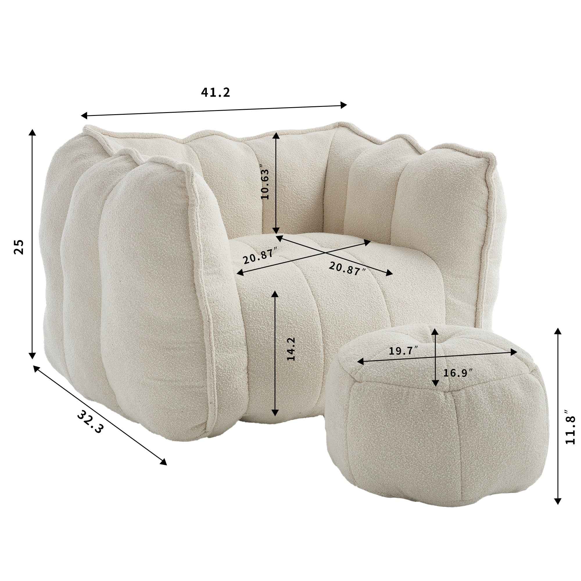 Soft Chenille Bean Bag Chair with High Resilient Foam for Living Room and Bedroom, Comfortable Square Lazy Sofa with Footstool for Adults
