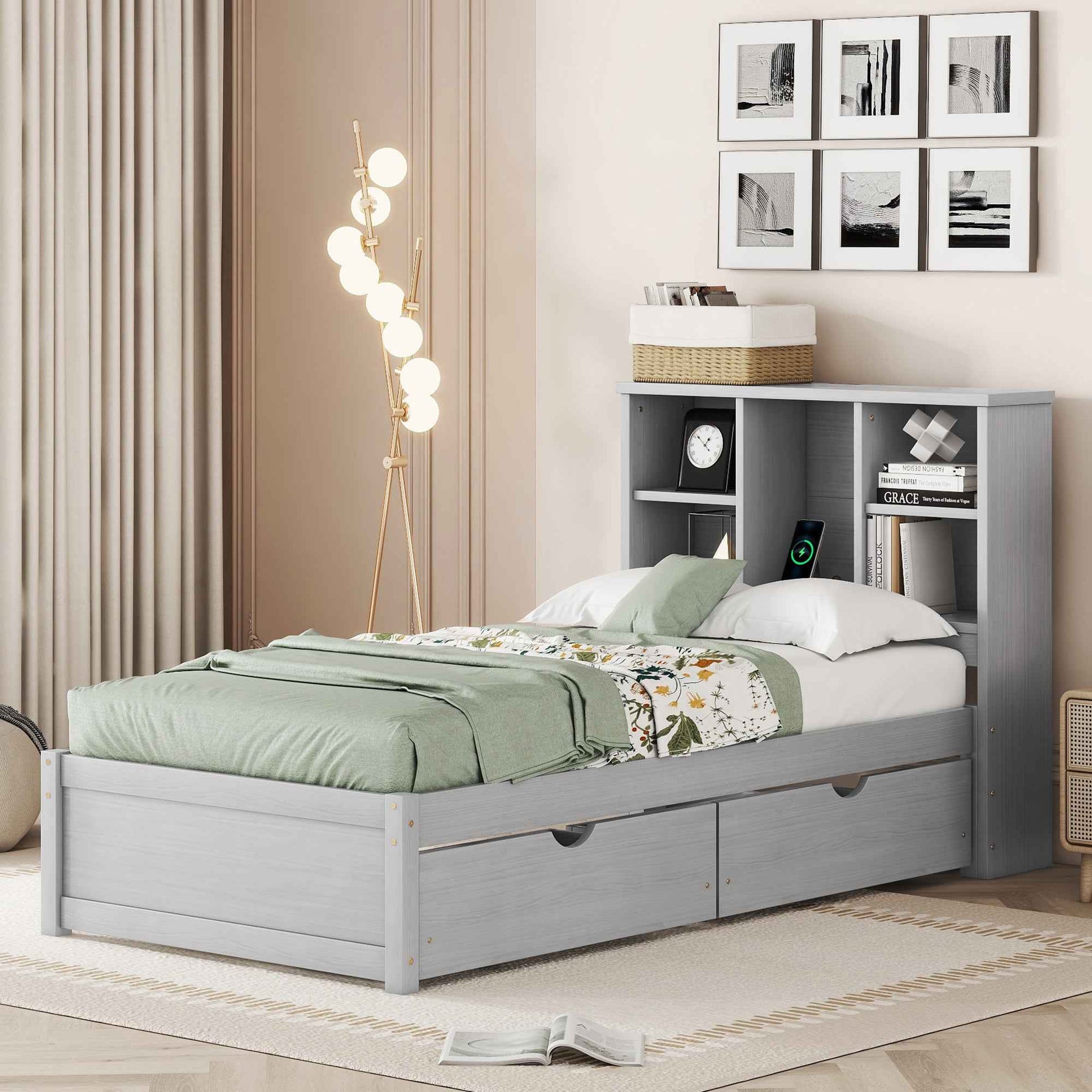 Modern Twin Size Bed Frame With Built-in USB Port on Bookcase Headboard and 2 Drawers for Grey Color