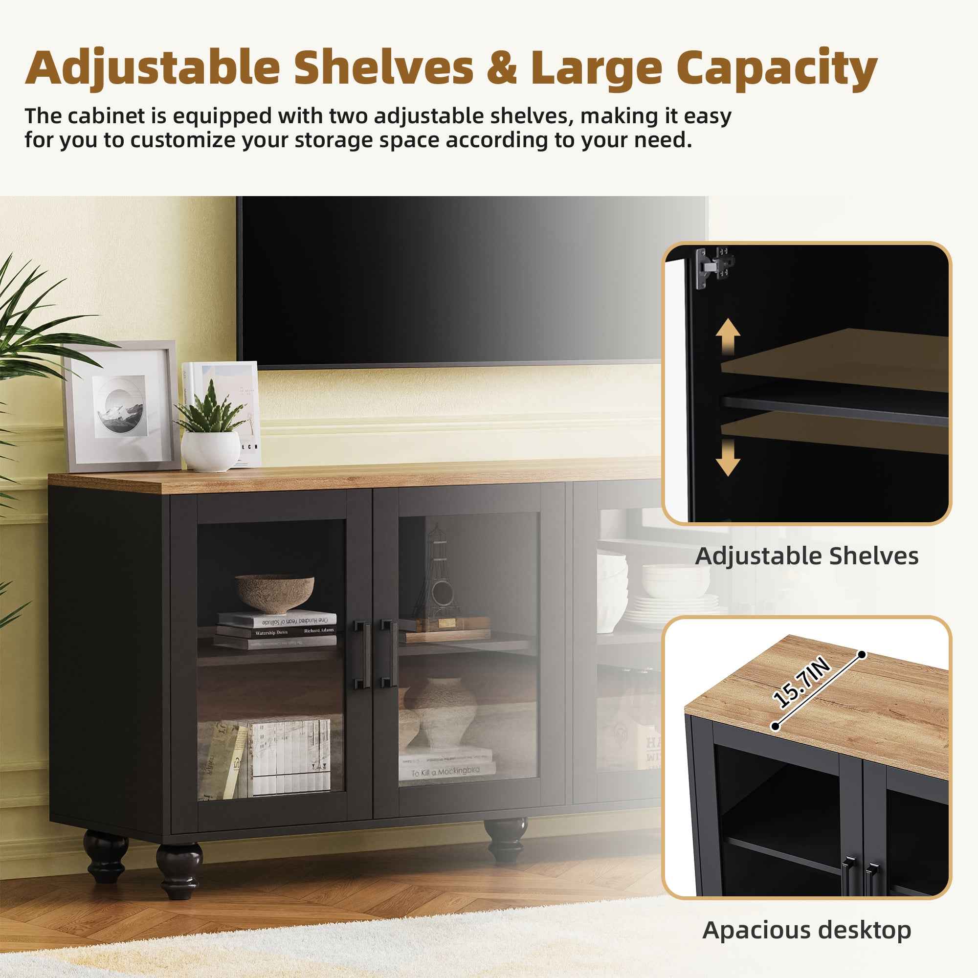 Farmhouse TV Stand with Solid Wood Gourd-Shaped Legs for TVs Up to 70', Entertainment Center with Bookshelves & Tempered Glass Doors, Media Console with Adjustable Shelves, Living Room, Black
