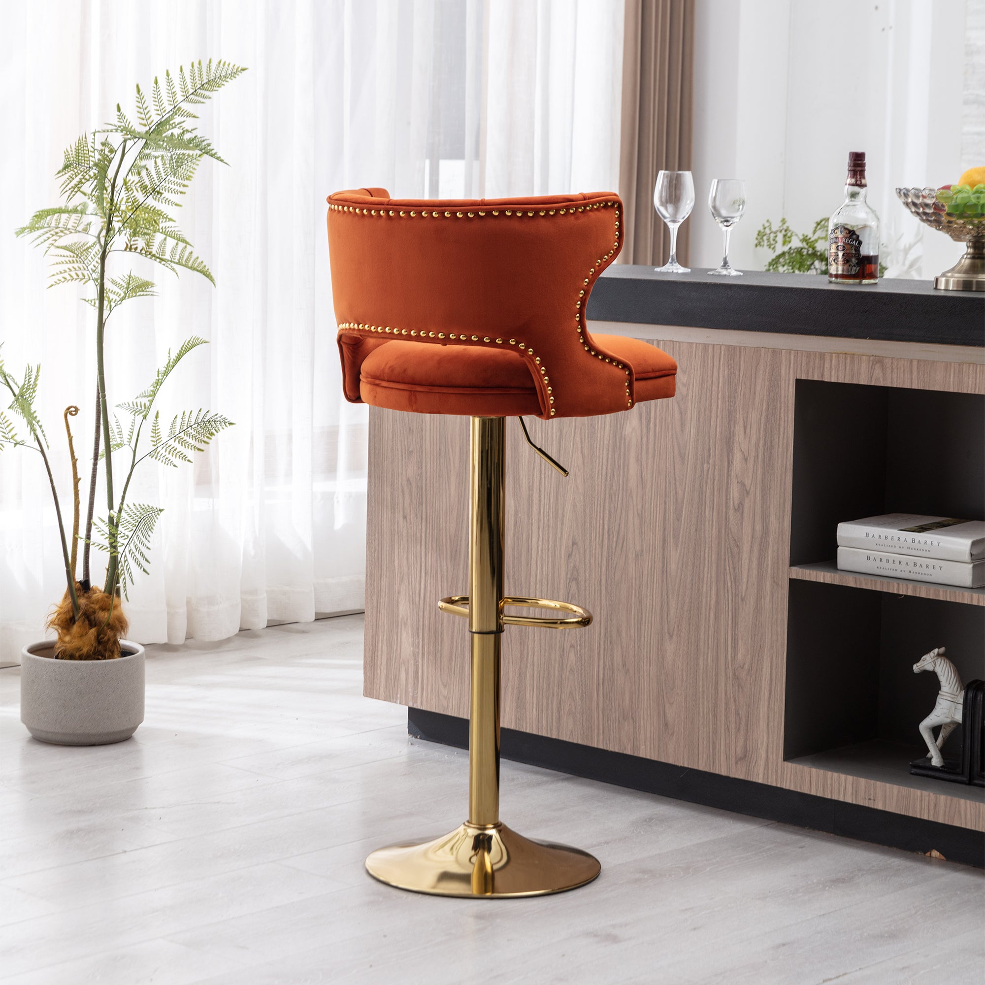 Bar Stools With Back and Footrest Counter Height Dining Chairs-Velvet Orange-2PCS/SET