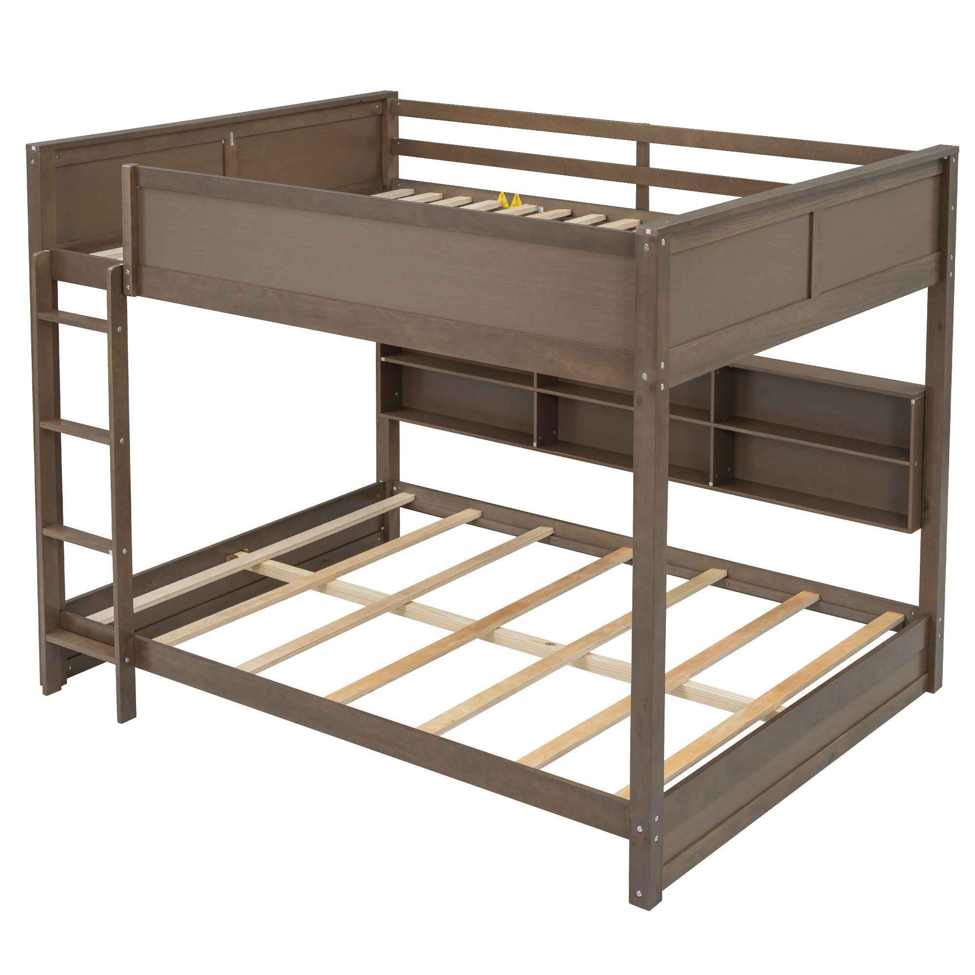 Queen over Queen Bunk Bed with Storage Cabinets and USB Ports in Antique Wood Color, Solid Pine Wood+MDF
