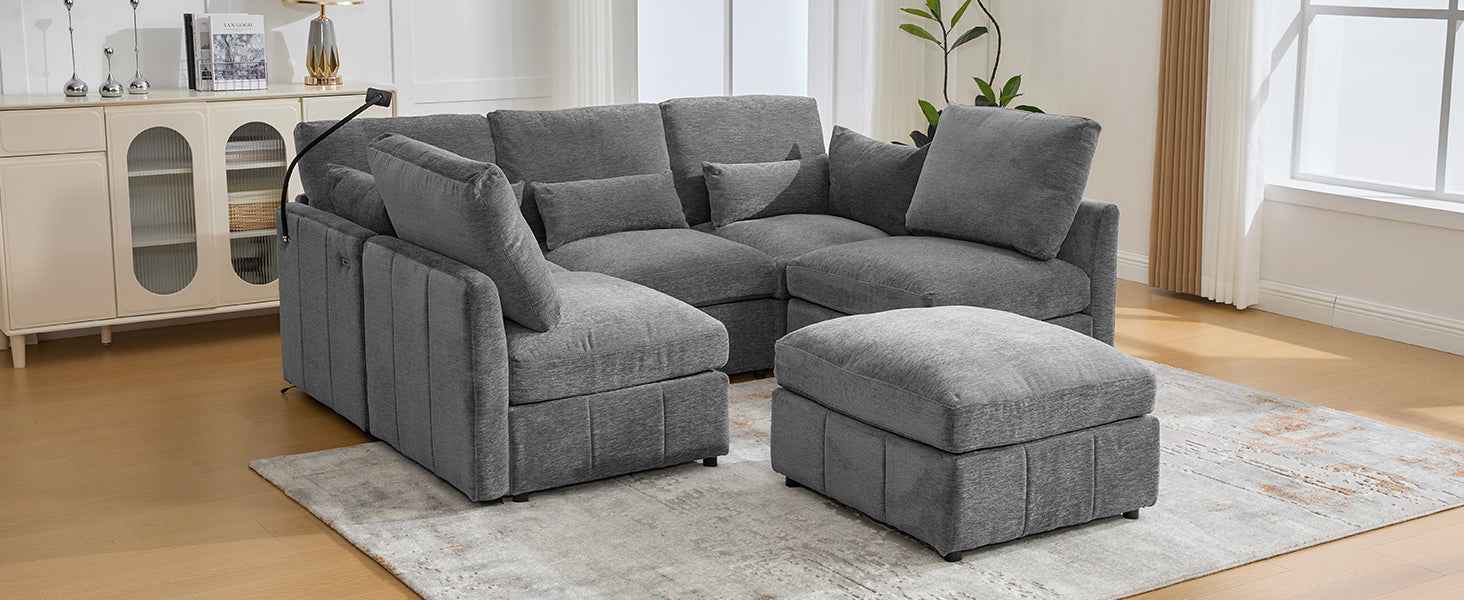 Modern Sectional Sofa Modular Sofa with Movable Ottoman, USB Ports & Phone Holder, Grey Chenille, 85.4'