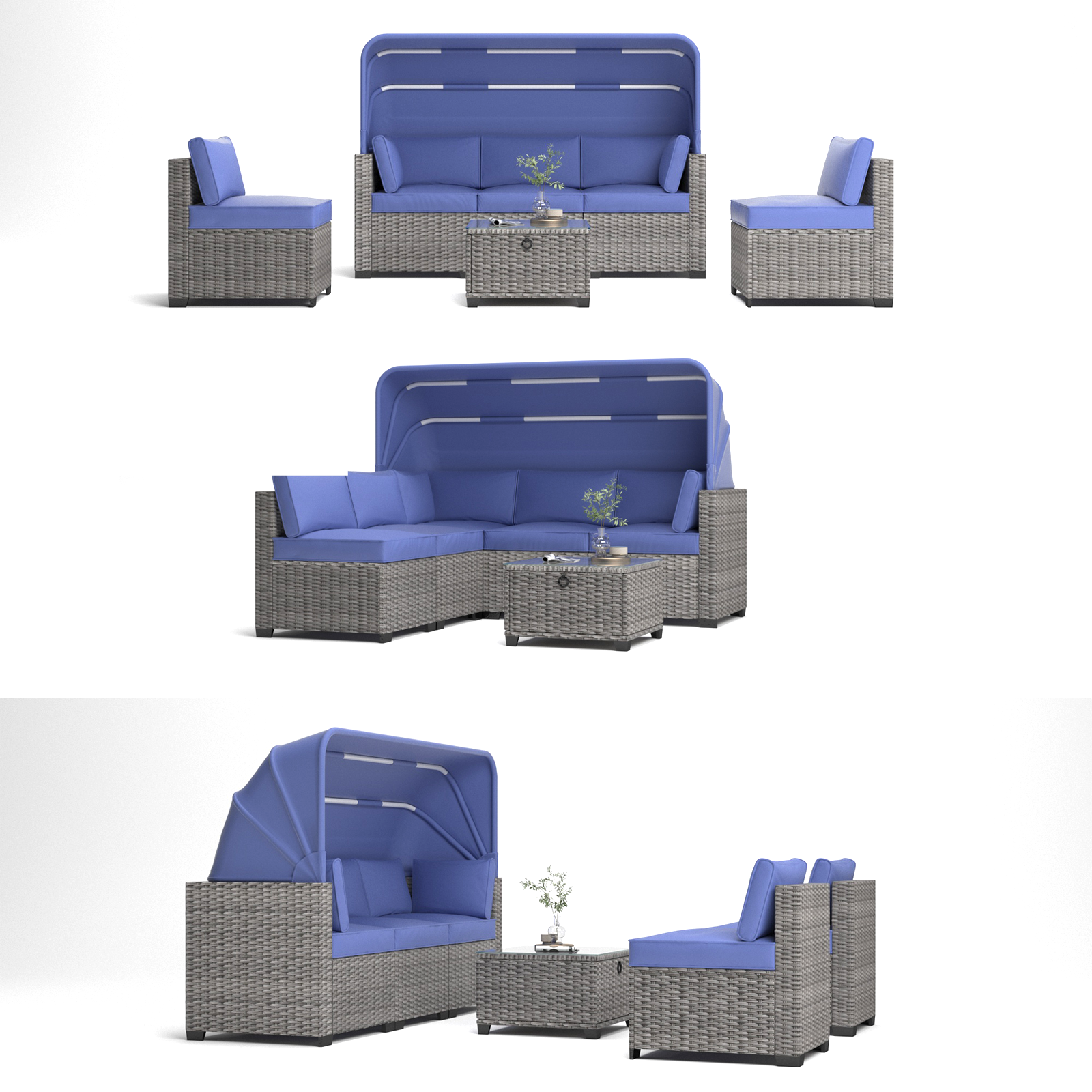 6 Pieces Patio Furniture Sets, Outdoor Rattan Daybed with Retractable Canopy, Outdoor Sectional Sofa Set with Adjustable Backrest, Chaise Chair Sunbed for Garden Poolside Backyard-3