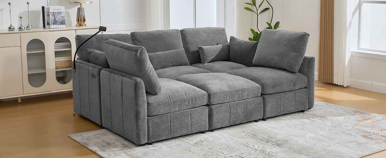 Modern Sectional Sofa Modular Sofa with Movable Ottoman, USB Ports & Phone Holder, Grey Chenille, 85.4'