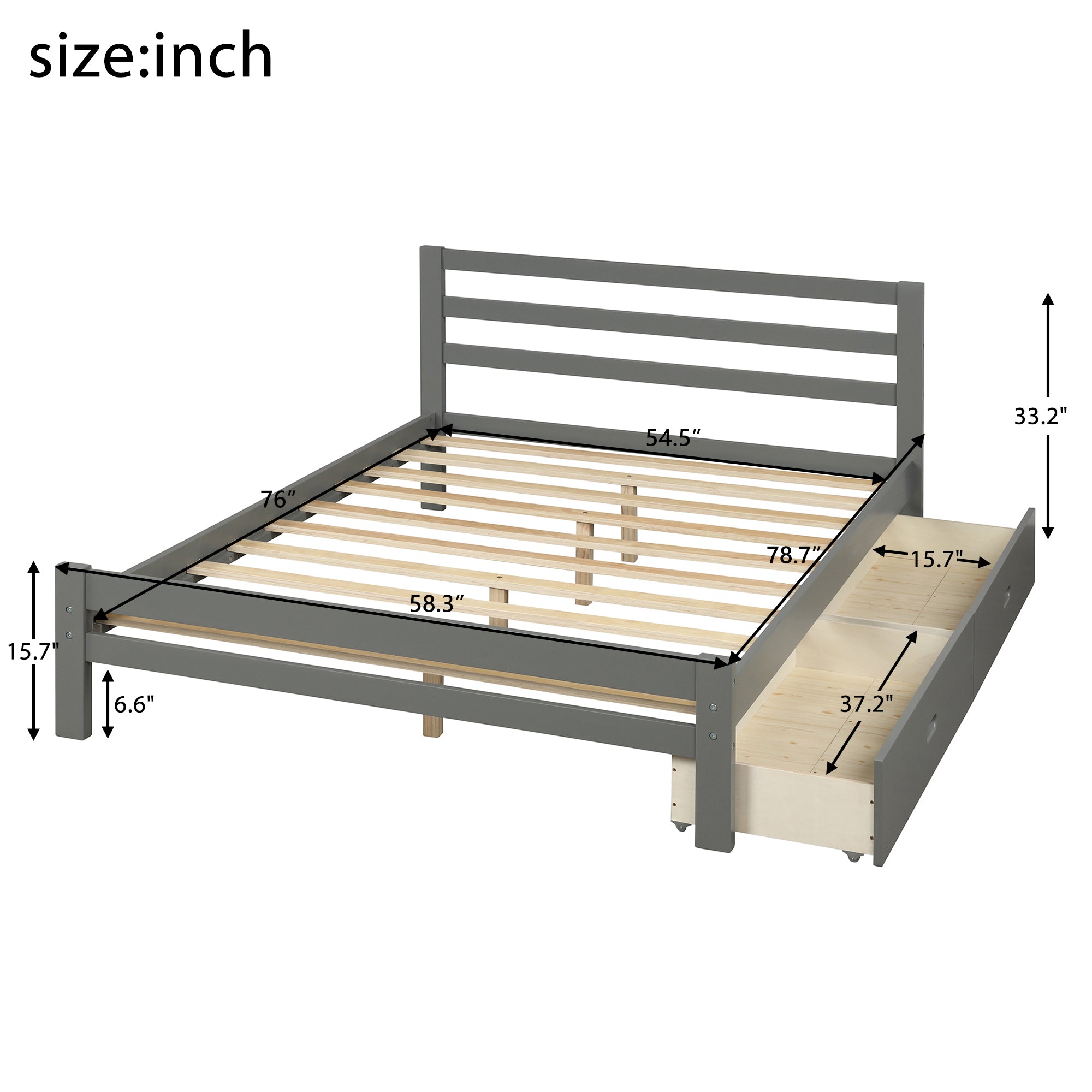 Wood platform bed with two drawers, full (gray)