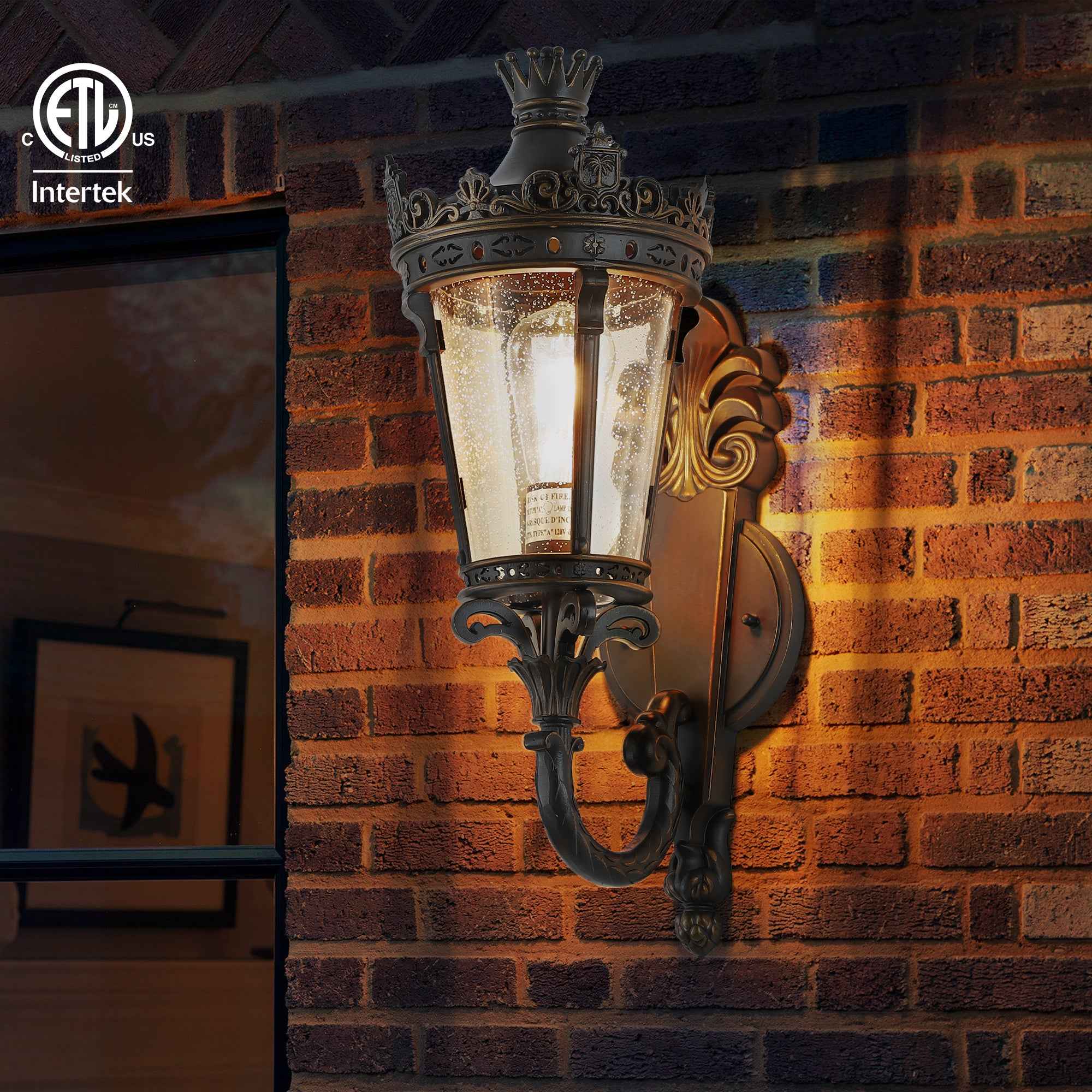 21'(H) Vintage Outdoor Wall Lantern, Waterproof Exterior Wall Sconce with Crown Top and Clear Glass, Decorative Outdoor Lighting Fixture for Patio, Garden, or Entryway (One piece&No bulb)