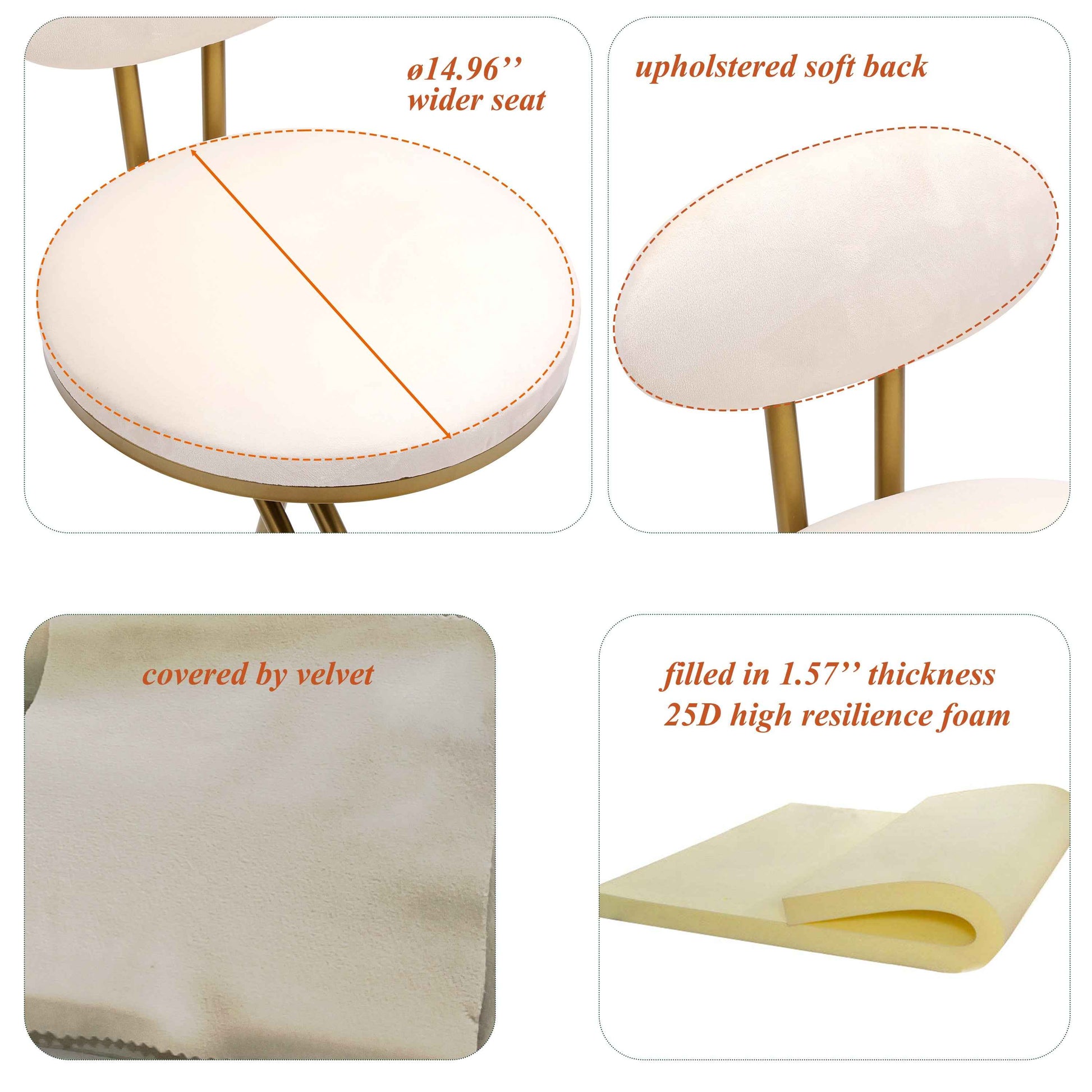 Round Bar Stool Armless Velvet Barstools with Back Set of 2, Gold & Creamy White