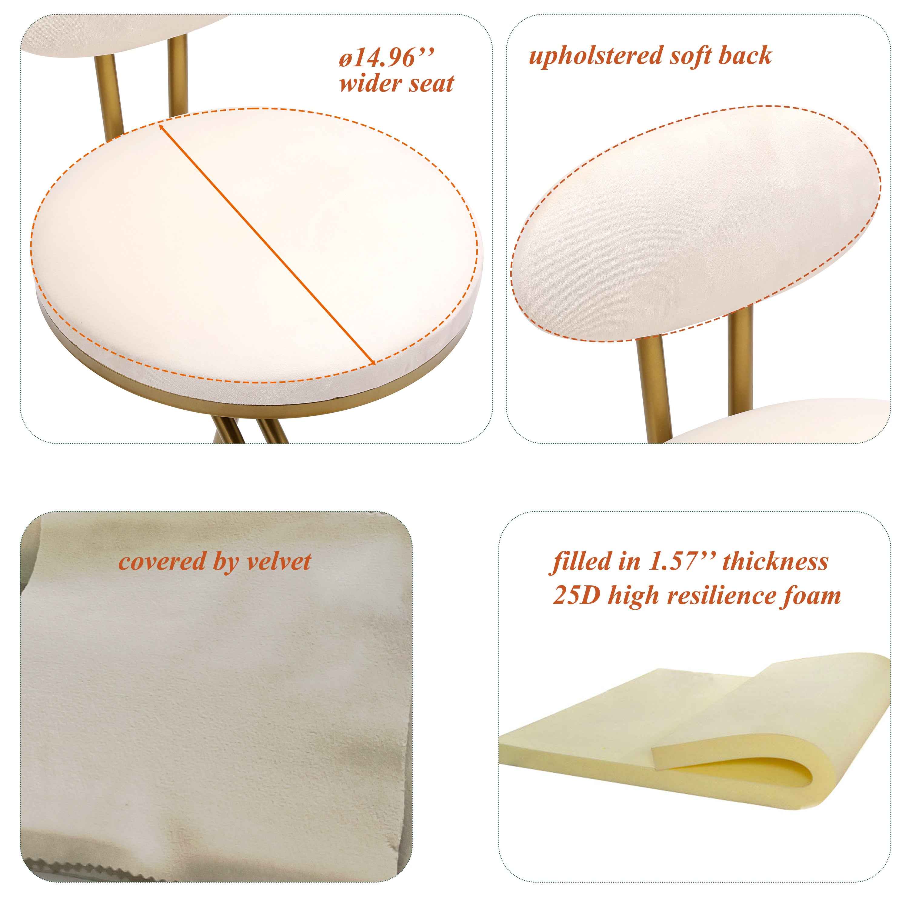 Round Bar Stool Armless Velvet Barstools with Back Set of 2, Gold & Creamy White
