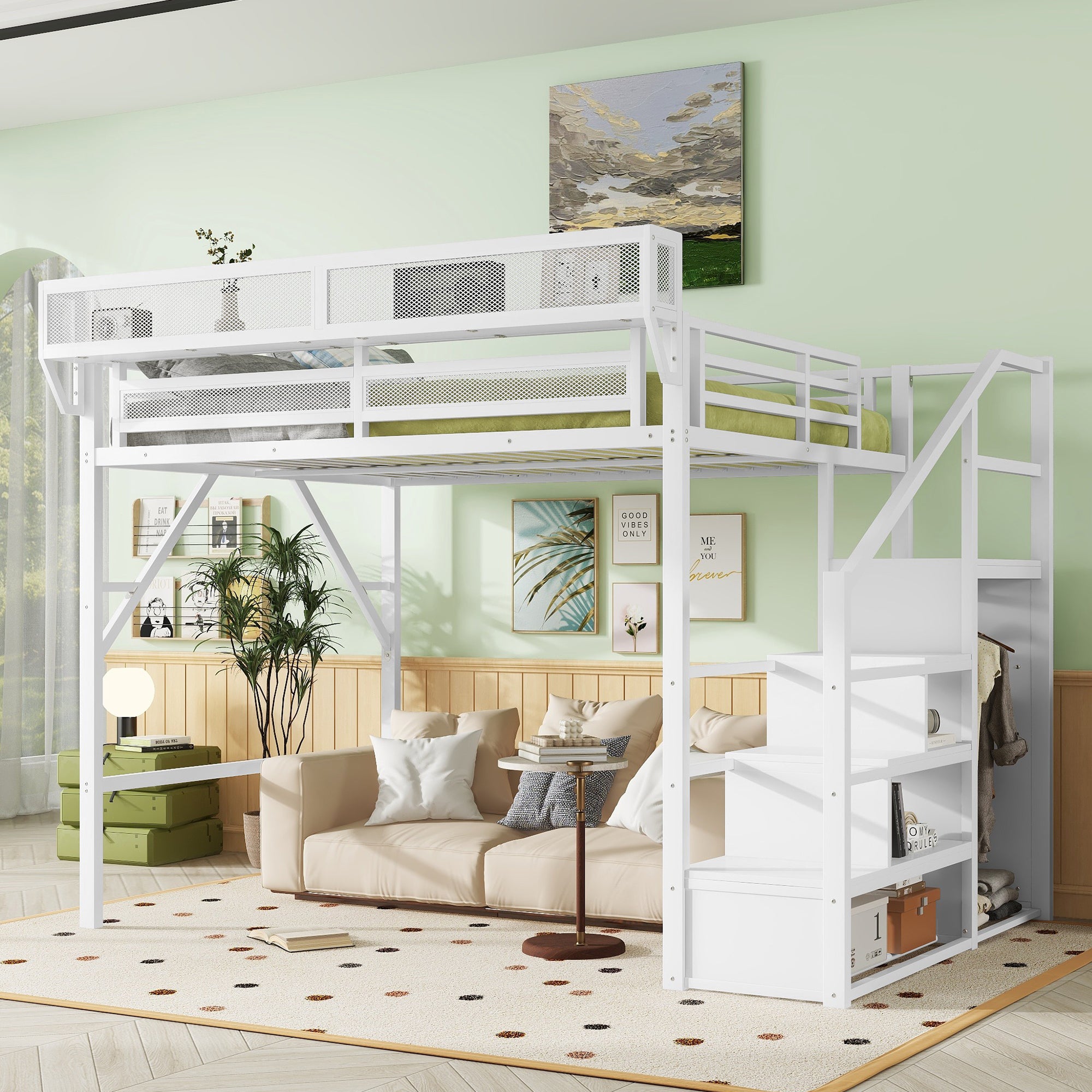 Queen Size Loft Bed with Stairs, Metal Queen Loft Bed with Storage Shelves, High Loft Bed with Wardrobe for Kids Teens, White, Patent Products - Abrihome