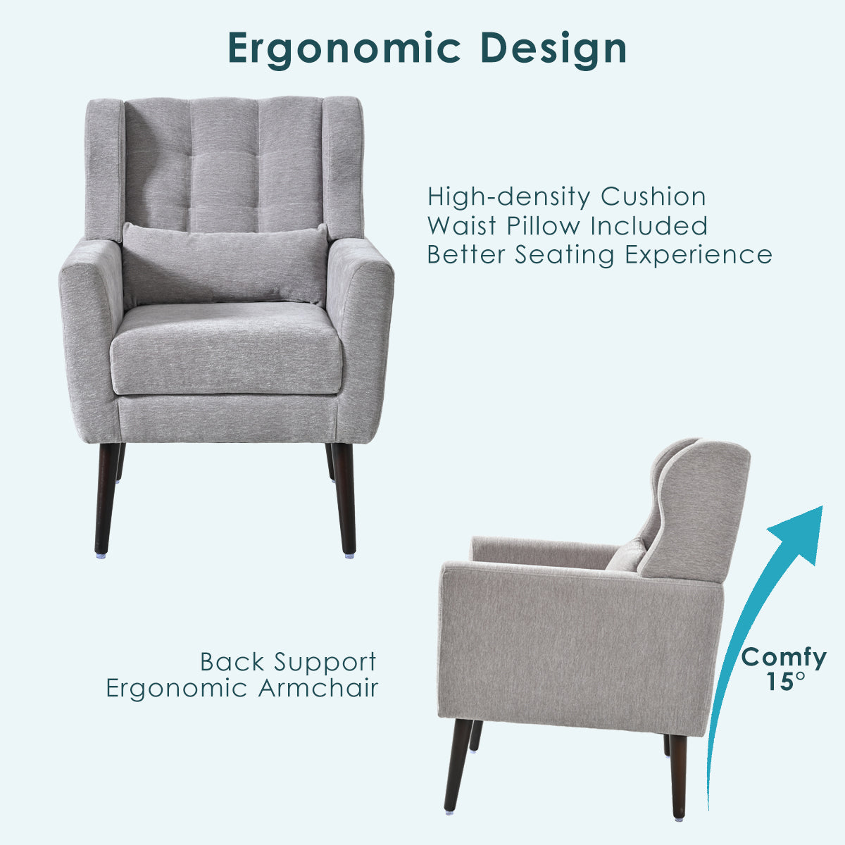 Modern Accent Chair,Chenille Arm Chairs for Living Room,Upholstered Mordern Armchair,Comfy Soft Padded Lounge Chair in Small Space, Bedroom, w/Pillow, Solid Wood Leg (Gray)