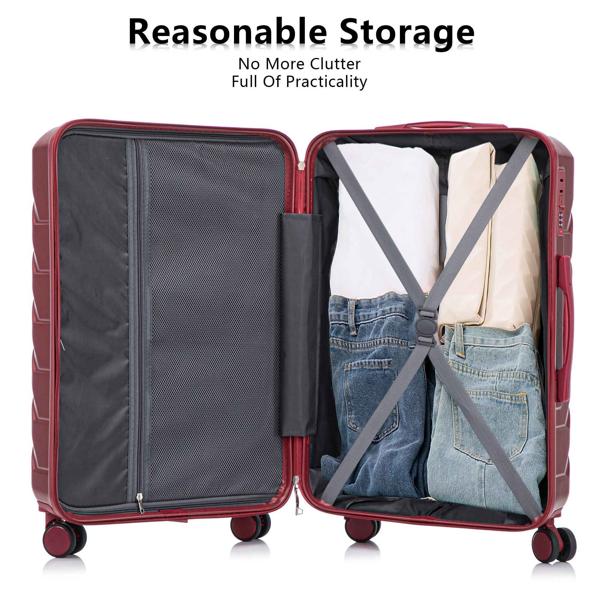 Set 3PCs 20'/24'/28' ABS Spinner Wheel Luggage, Matching Color, with Combination Lock - Wine Red