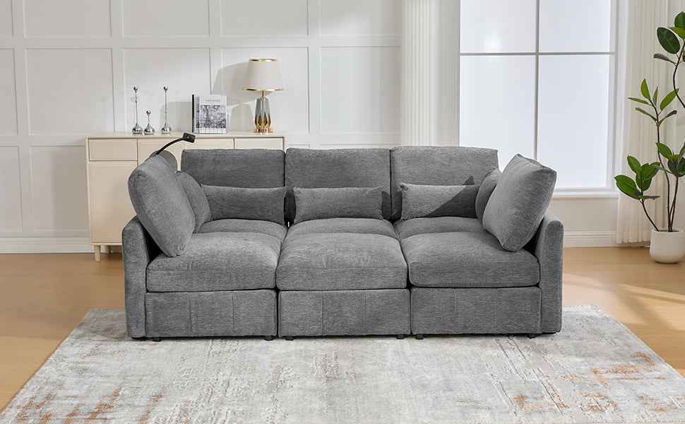 Modern Sectional Sofa Modular Sofa with Movable Ottoman, USB Ports & Phone Holder, Grey Chenille, 85.4'