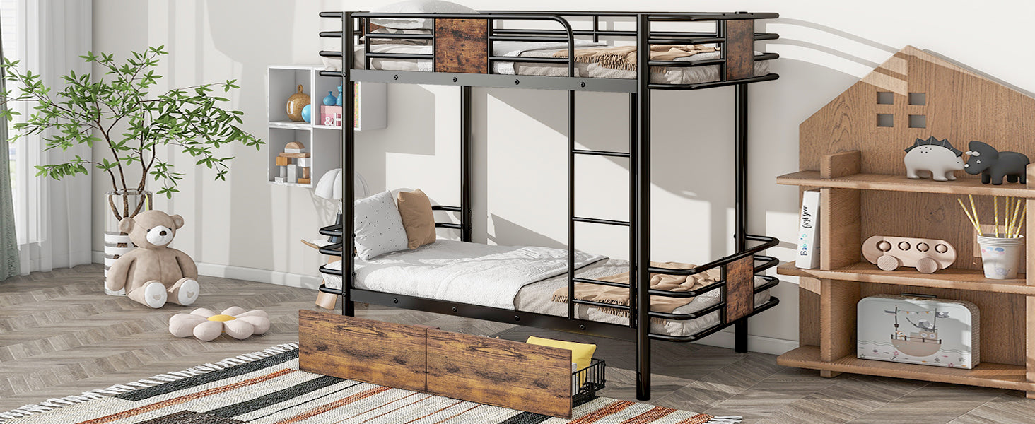 Twin XL over Twin XL Metal Bunk Bed with MDF Board Guardrail and Two Storage Drawers,Black