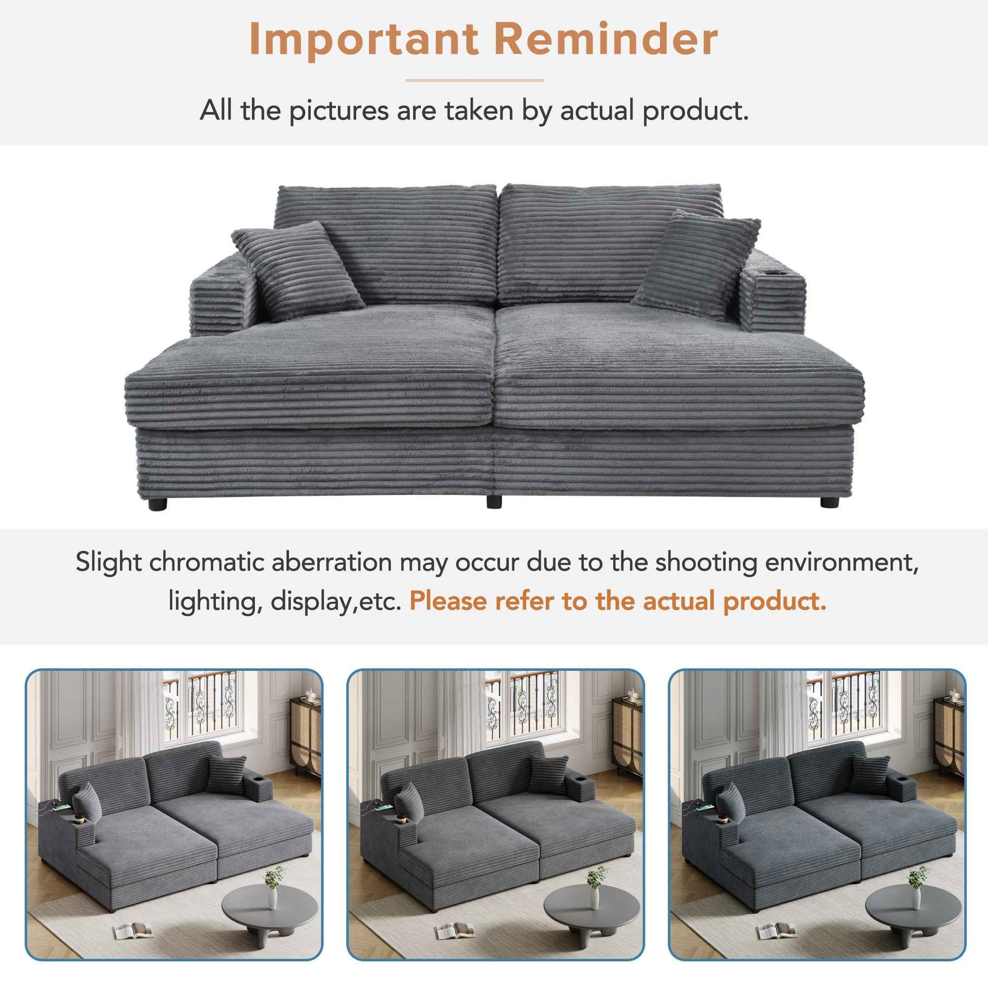 Oversized Loveseat Chaise Lounge Sectional Sofa Bed with USB Ports, Cup Holders, Throw Pillows, Dark Gray Corduroy, 86.5'