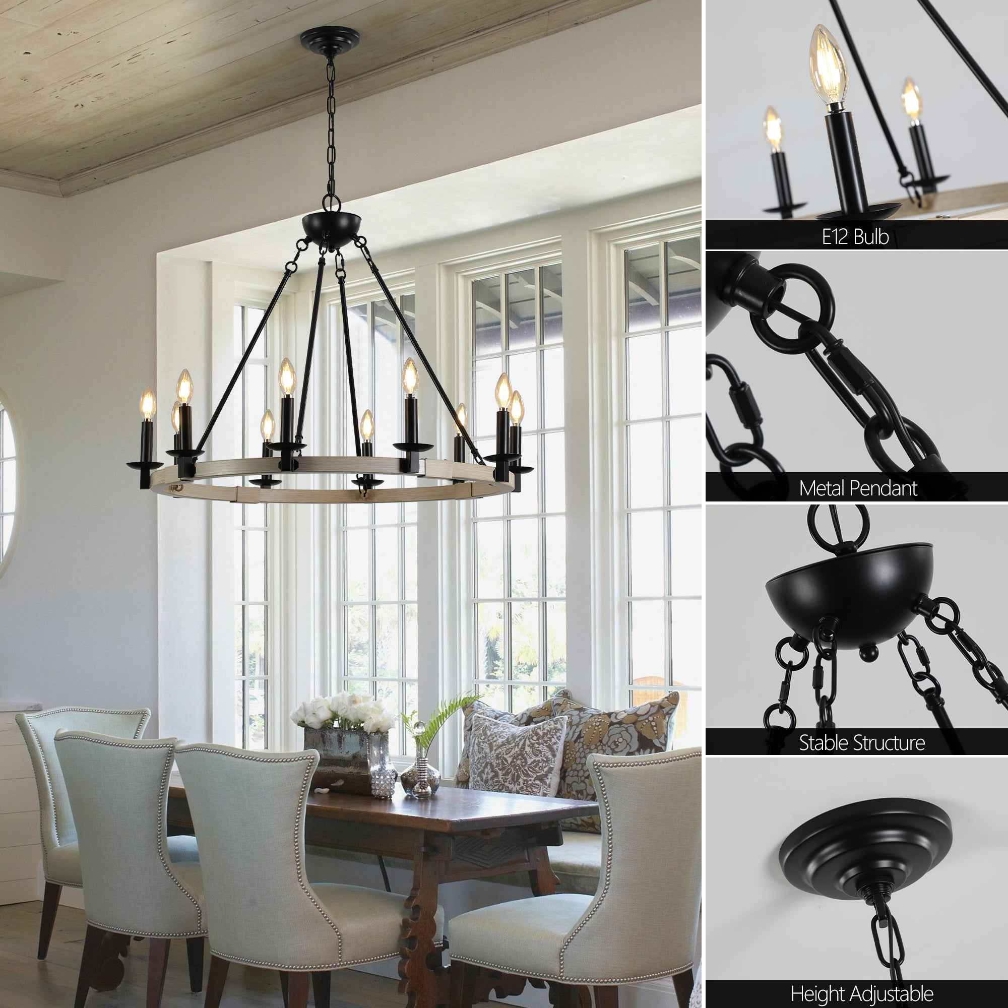 32' Rustic Farmhouse 10-Light Candle Chandelier, Black Metal and Wood Round Hanging Light Fixture for Dining Room, Kitchen, Living Room, Adjustable Height, E12 Bulb Base (No Bulbs)