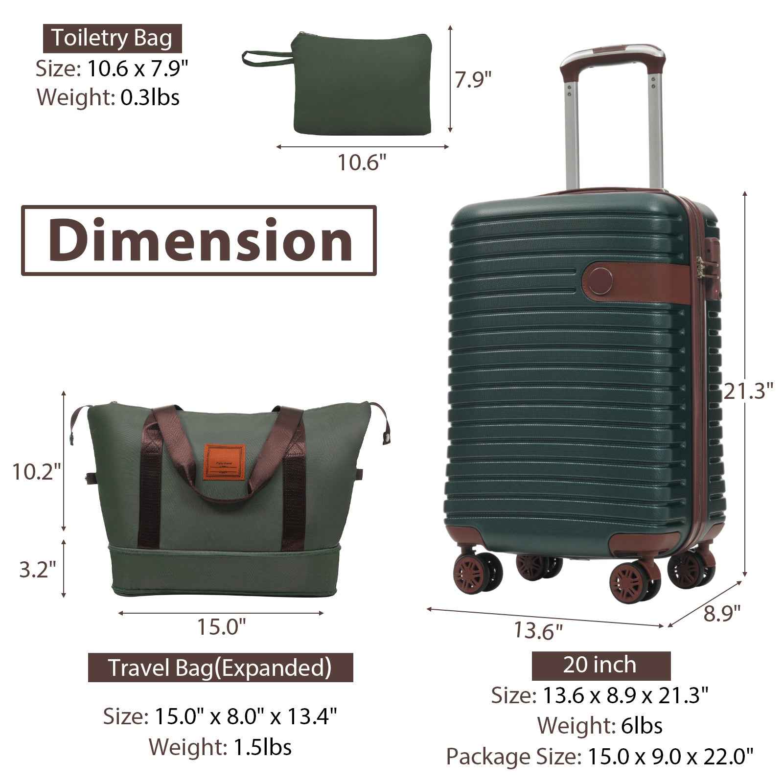Luggage Sets 3 Piece Carry on Luggage 22x14x9 Airline Approved, Lightweight Hardshell ABS Suitcases with Wheels, 20 inch, Green