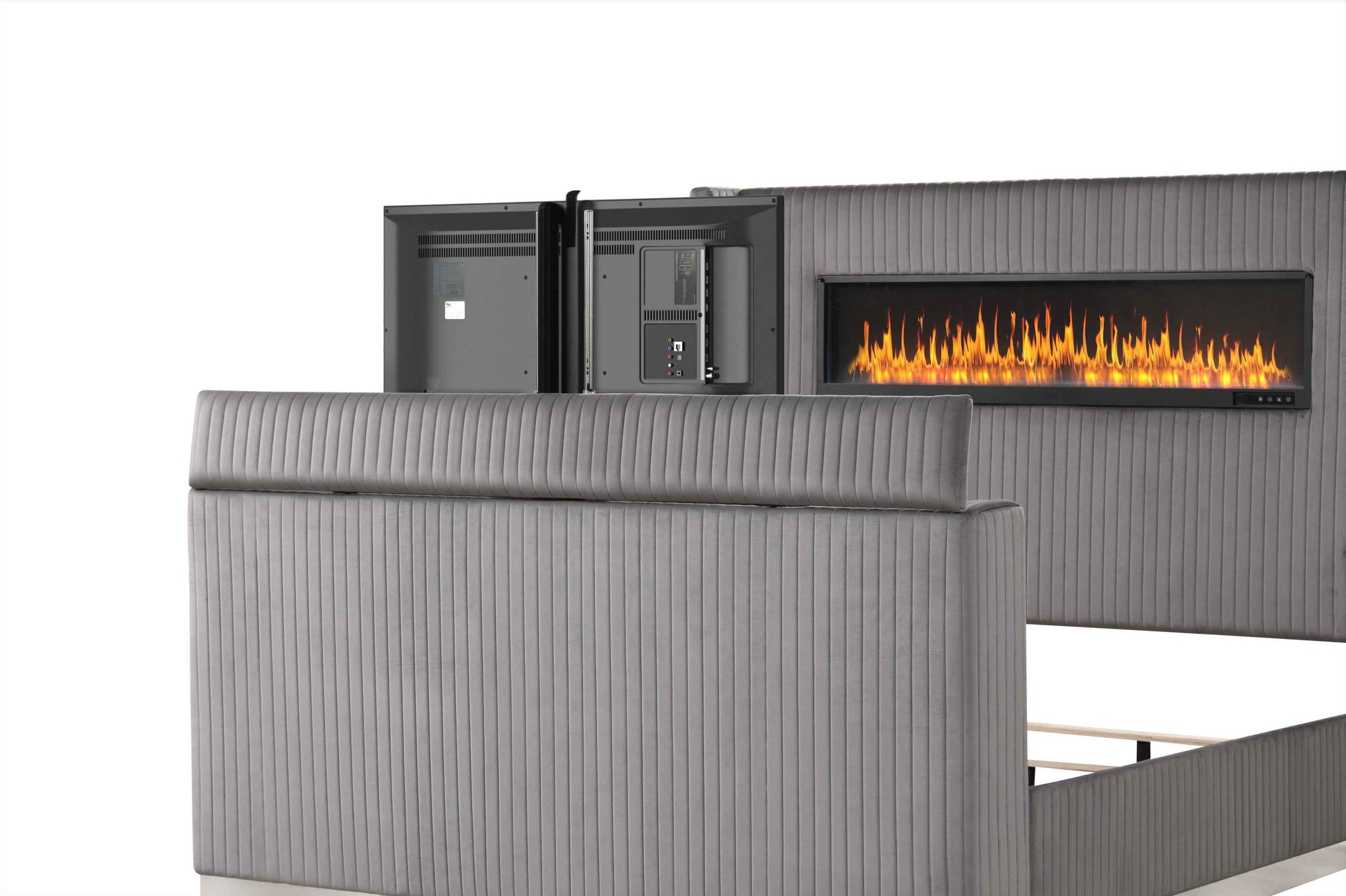 Lavish Modern Style Queen Bed Made with Fireplace in Headboard & TV stand in Footboard with Wood in Grey (NJ Inventory)
