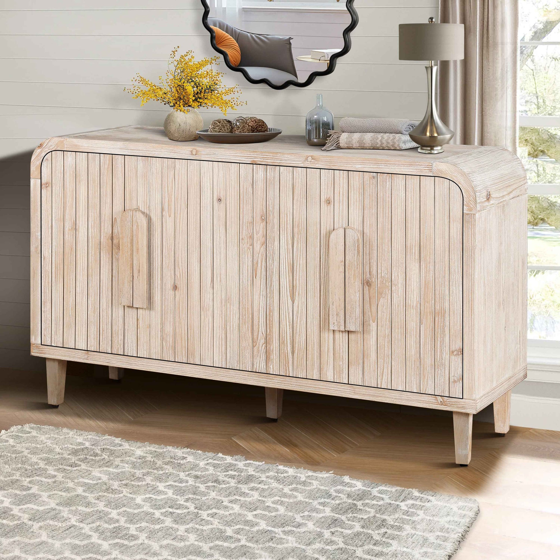 59'' Farmhouse Curved Vintage Storage Sideboard with Large Wooden Handles, Vertical Wood Grain Carving and Adjustable Shelves for Kitchen,Dining Room (Natural Wood Washed)