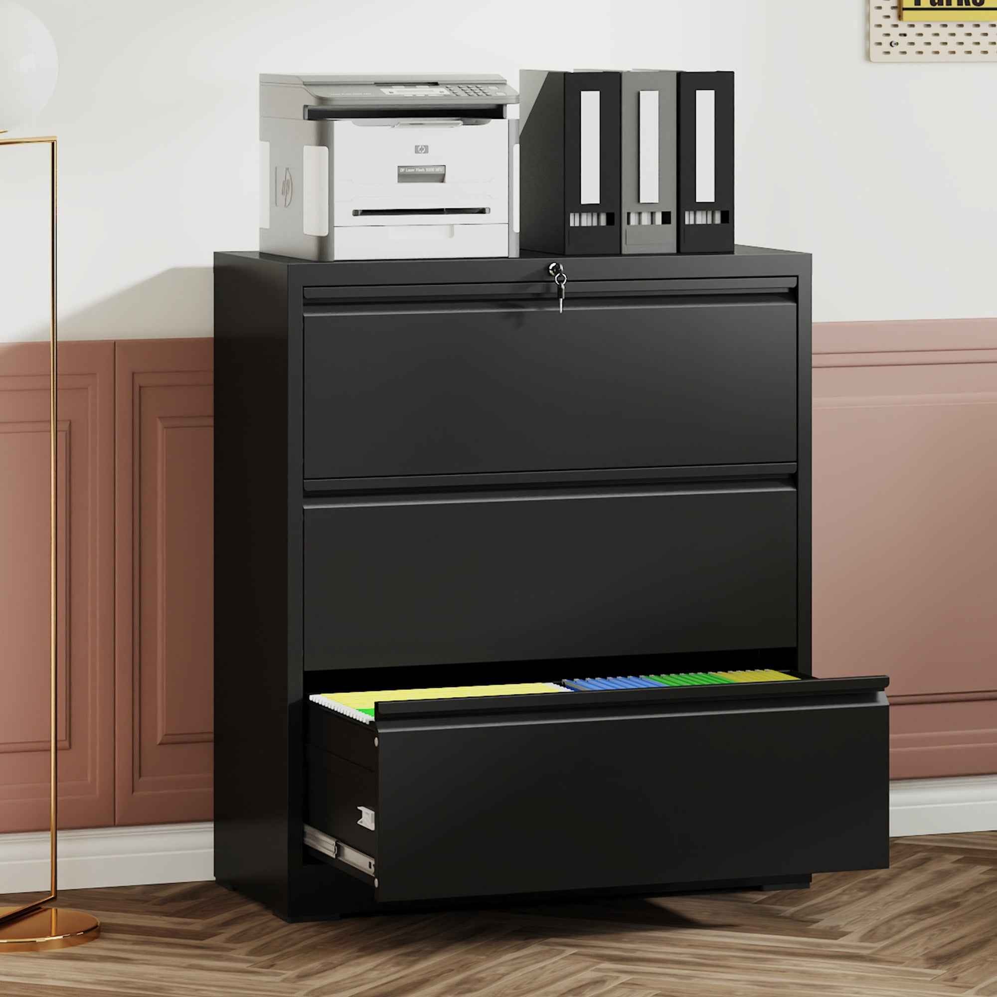 3 Drawer Lateral File Cabinet, 35.4 Inch Wide Metal Filing Cabinet, Locking Heavy Duty File Cabinet for Home Office, Anti-Tip Safety Interlock, Vertical Storage for Letter/Legal/A4 Files, Black