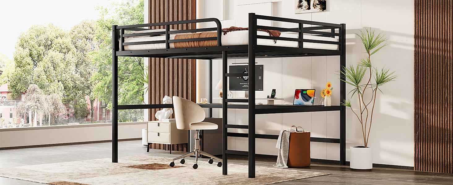 Metal Queen Size Loft Bed with Power Outlet and LED Lighted, Space-Saving, Noise Reduced, Black