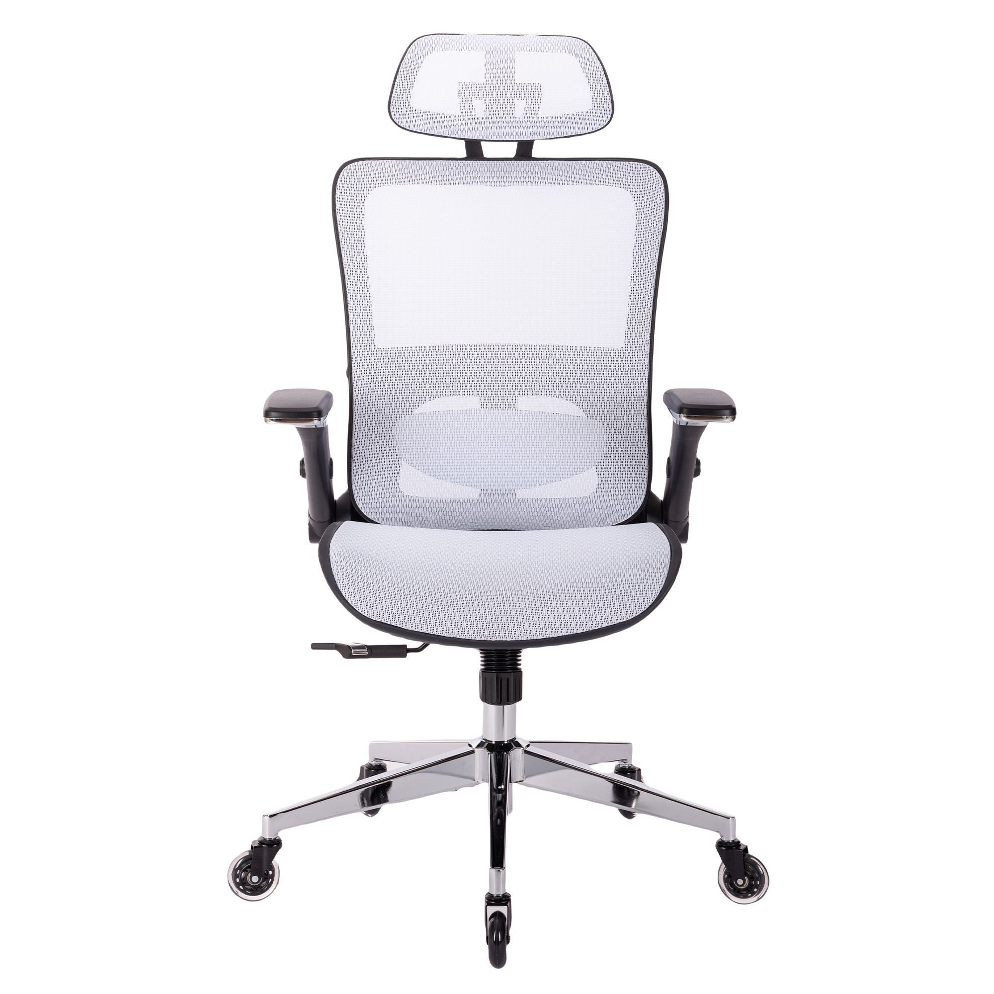 WHITE Ergonomic Mesh Office Chair, High Back - Adjustable Headrest with Flip-Up Arms, Tilt and lock Function, Lumbar Support and blade Wheels, KD chrome metal legs