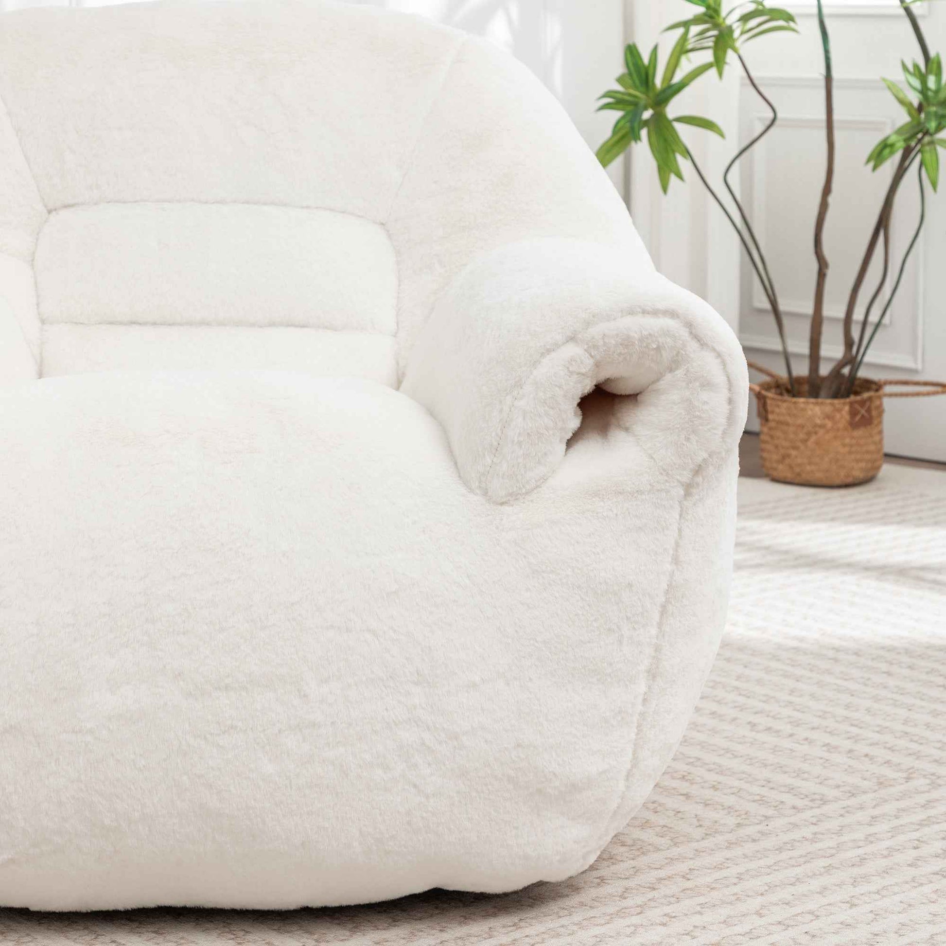 Bean Bag Chair, Comfy Bean Bag Sofa with Back Support, With Footstool,Faux Fur Bean Bag Chair for Adults and Kids, Stuffed Floor Sofa for Living Room, Bedroom, Apartment, White