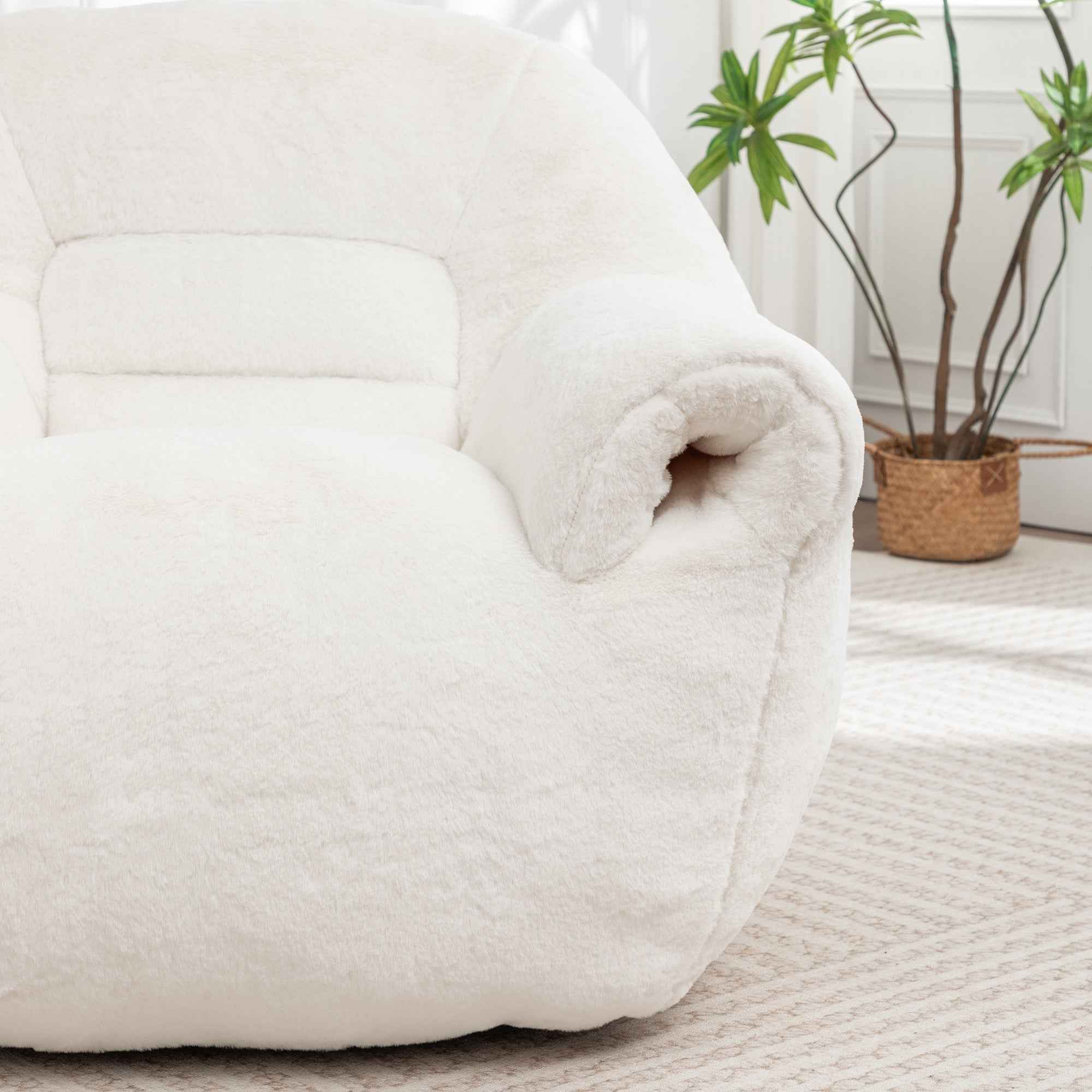 Bean Bag Chair, Comfy Bean Bag Sofa with Back Support, With Footstool,Faux Fur Bean Bag Chair for Adults and Kids, Stuffed Floor Sofa for Living Room, Bedroom, Apartment, White