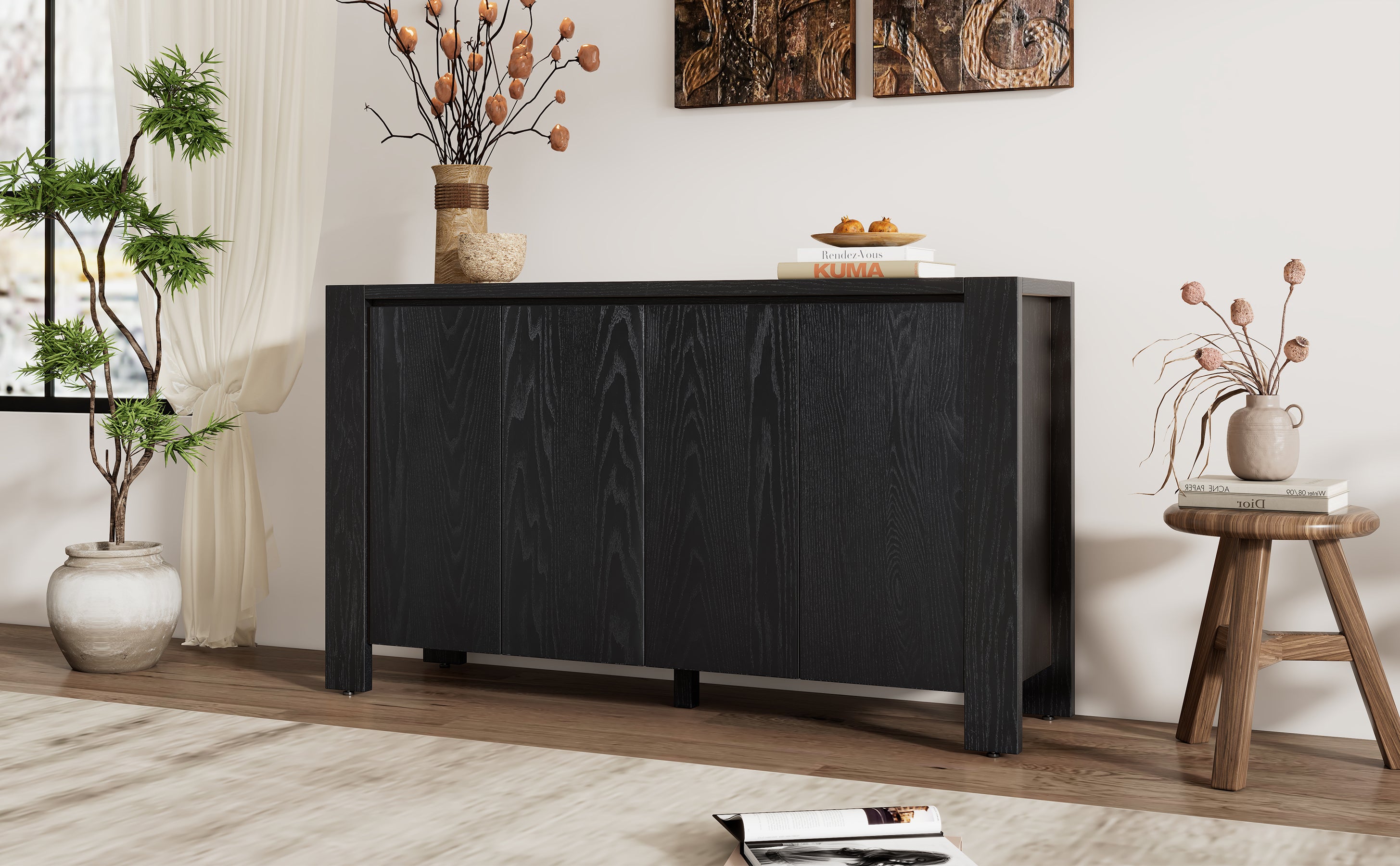 TREXM Retro 4-door Sideboard with Distressed Finish and Adjustable Shelves for Dining Room, Kitchen, and Living Room (Black)