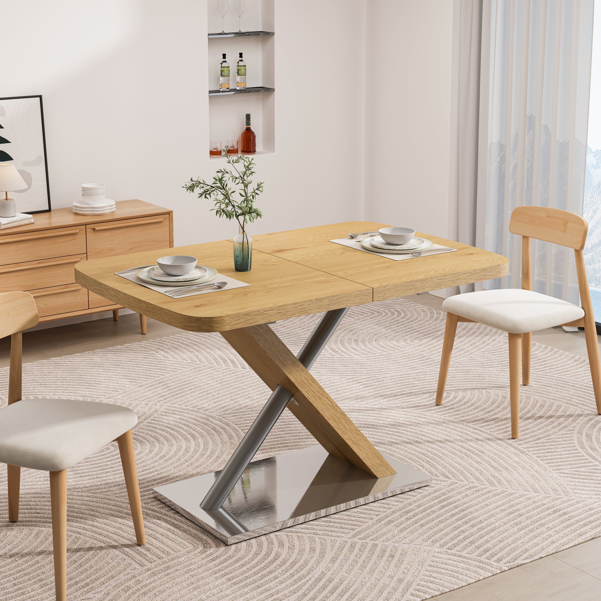 47.25 '-63' Dining Table, Original Wood Color, Seating 4-6 People, Retractable Table, Cross Metal Base and Stainless Steel Tubing(Natural) - Abrihome