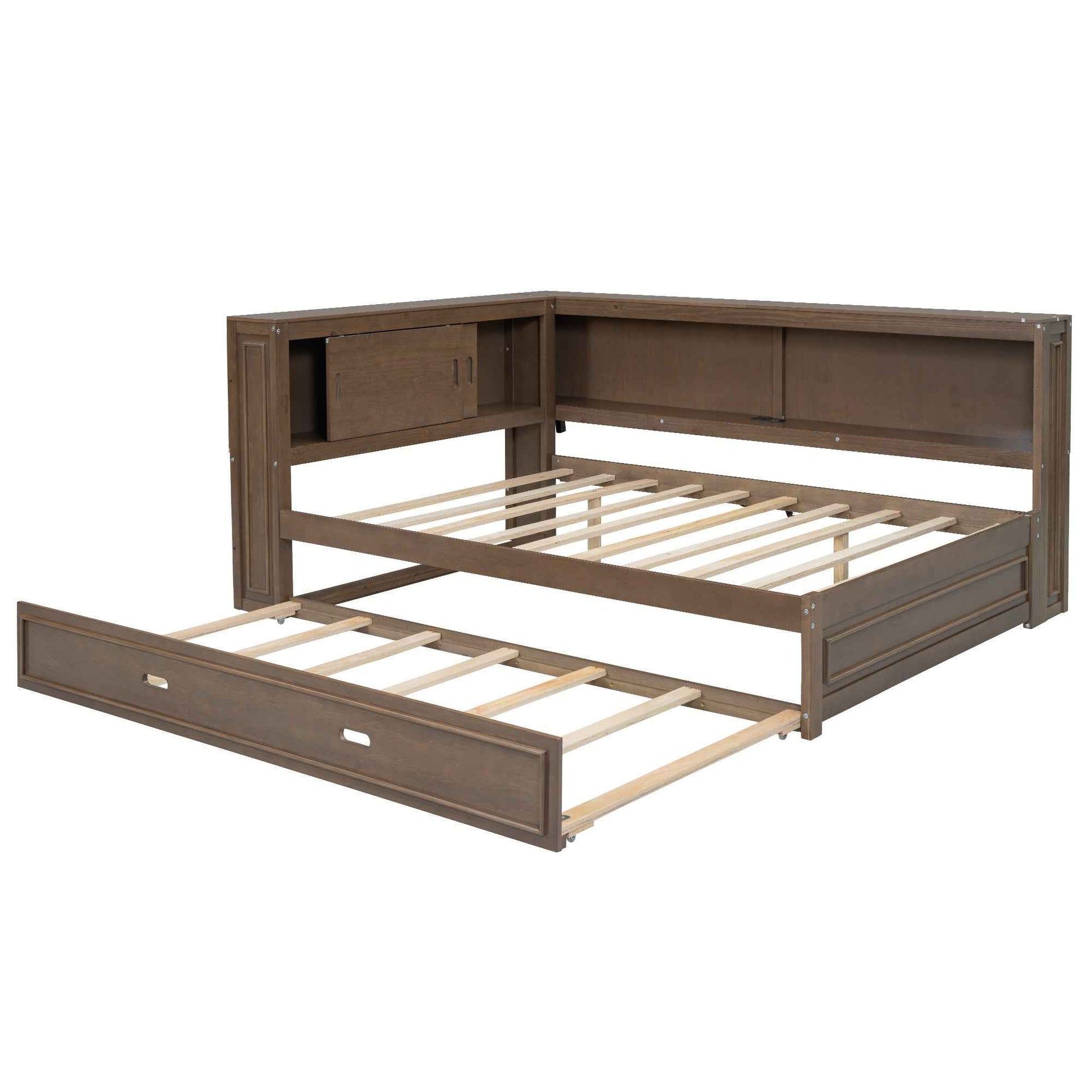 Full Size Wood Daybed with Storage Shelves, USB, LED, and Trundle in Antique Wood Color, Solid Pine Wood+MDF, 86.2''L x 65.7''W x 37.7''H