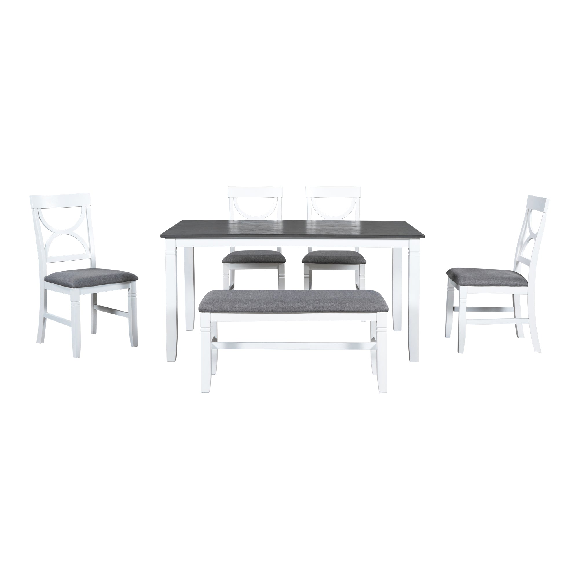 TOPMAX 6-Piece Wood Dining Table Set Kitchen Table Set with Upholstered Bench and 4 Dining Chairs, Farmhouse Style,Gray+White